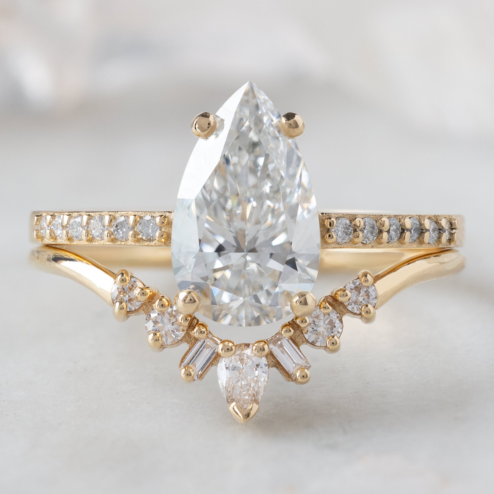 buy:the-willow-ring-1-39ct-lab-grown-pear-white-diamond-in-14k-yellow-gold,geometric-white-diamond-sunburst-stacking-band-14k-or-18k-yellow-gold
