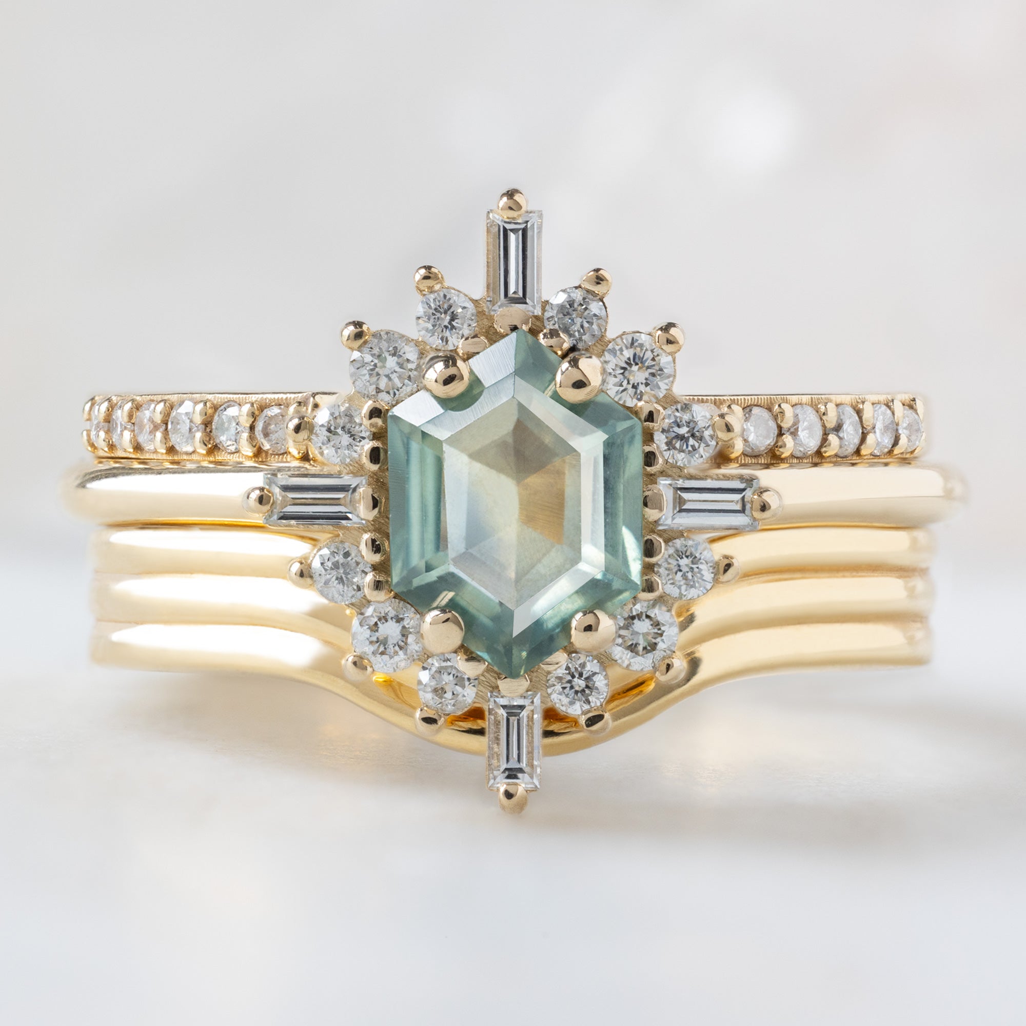 buy:the-white-diamond-pave-wedding-band-14k-or-18k-yellow-gold,the-compass-ring-0-77ct-hexagon-montana-sapphire-in-14k-yellow-gold,the-arc-stratum-stacking-band-18k-yellow-gold