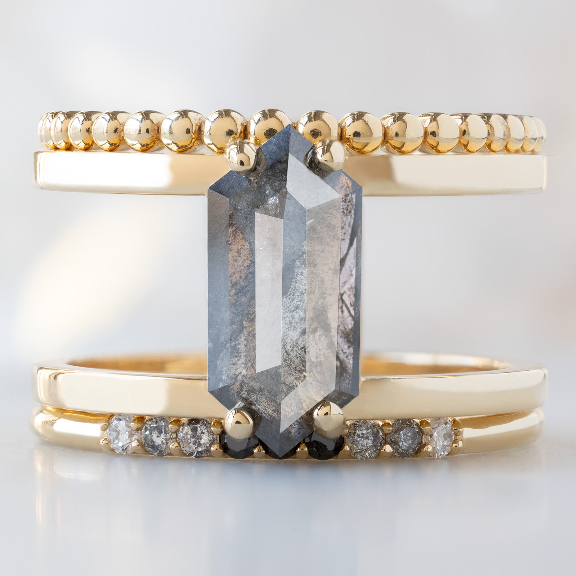 buy:the-gold-beaded-stacking-ring-14k-yellow-gold,the-poppy-ring-1-57ct-hexagon-salt-and-pepper-diamond-in-14k-yellow-gold,the-luxe-ombre-diamond-pave-wedding-band-yellow-rose-or-white-gold
