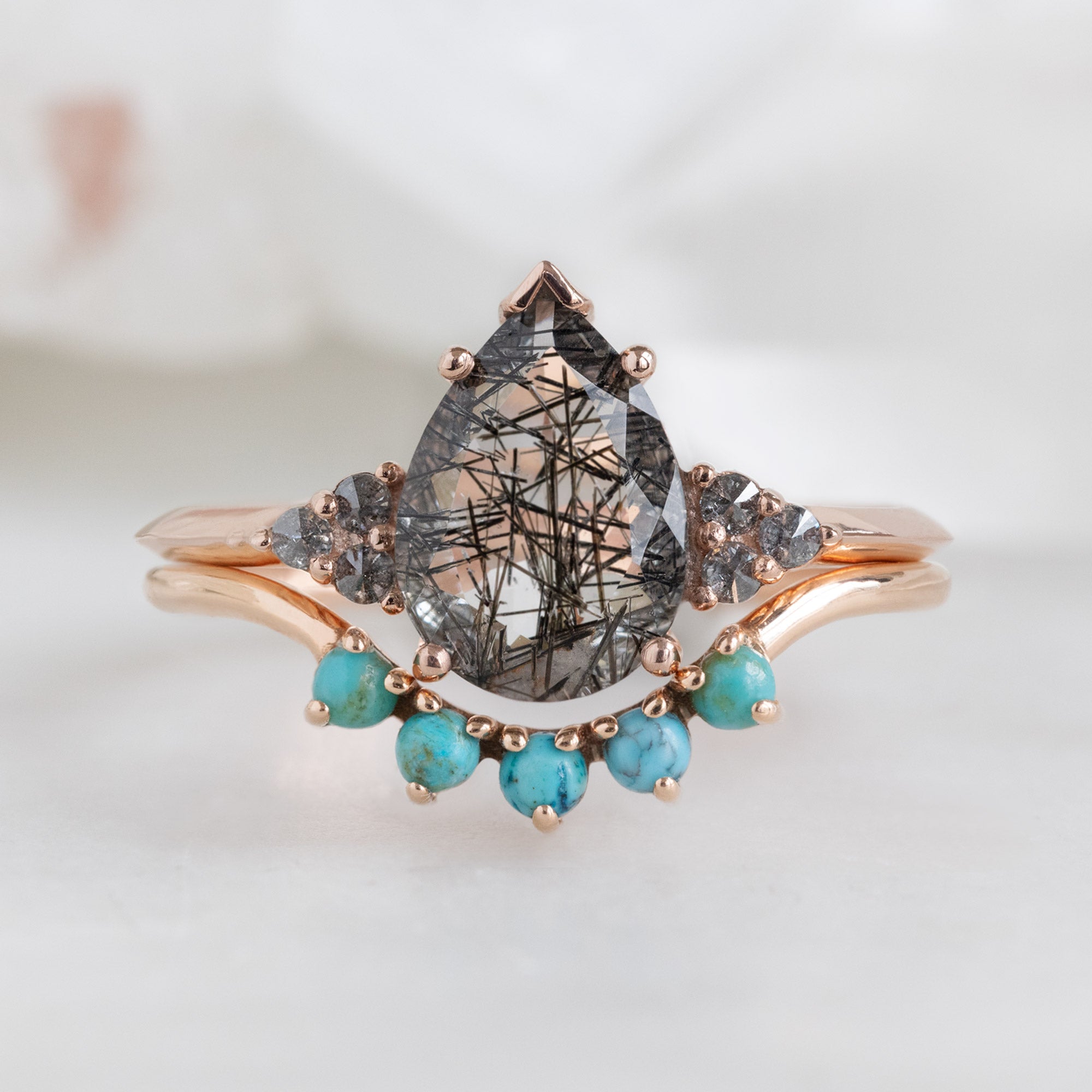 The Ivy Ring with a 1.51ct Pear Tourmaline in Quartz in 14K Rose Gold with Turquoise Sunburst Stacking Band