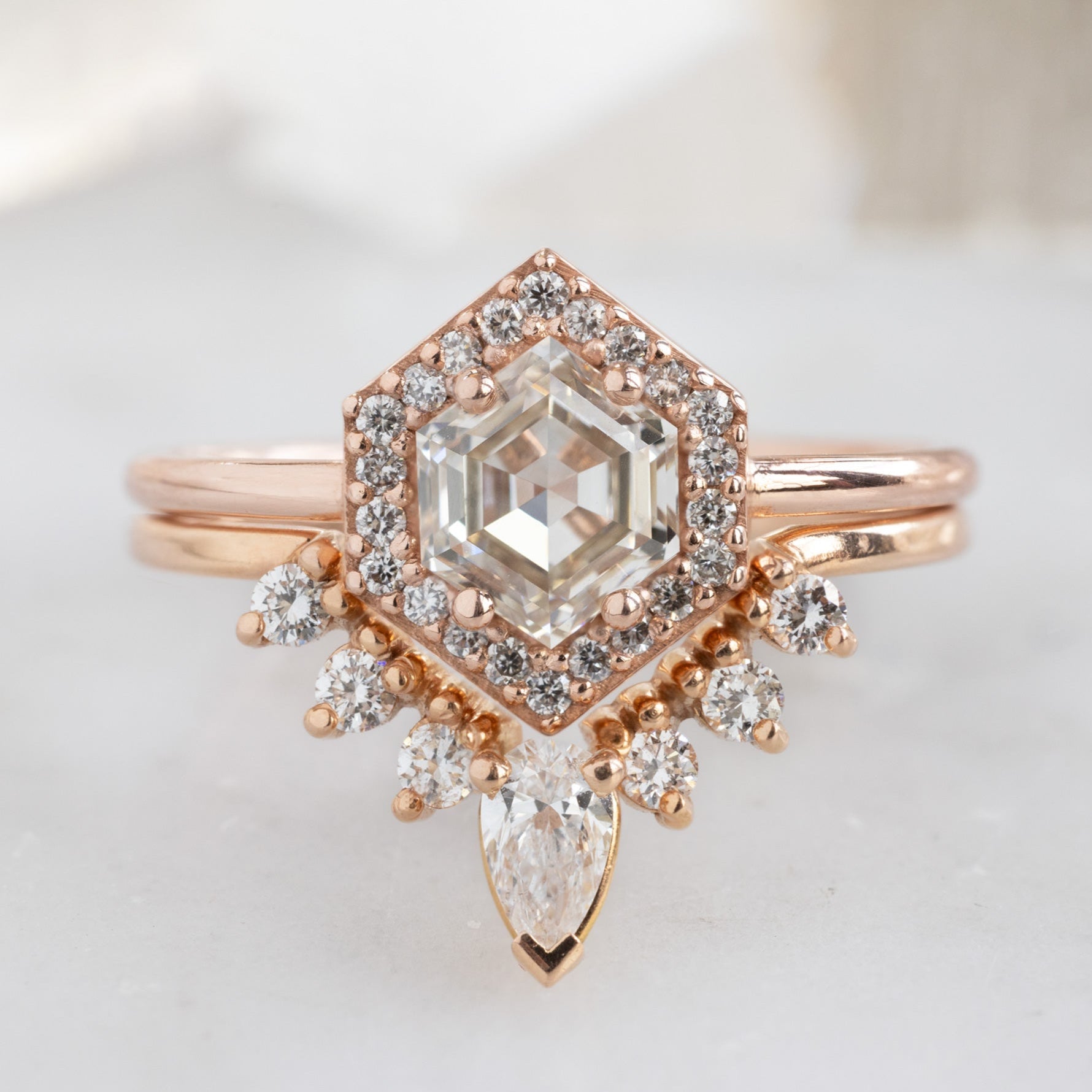 buy:the-dahlia-ring-0-77ct-hexagon-pink-diamond-in-14k-rose-gold,white-pear-diamond-sunburst-stacking-band-14k-gold