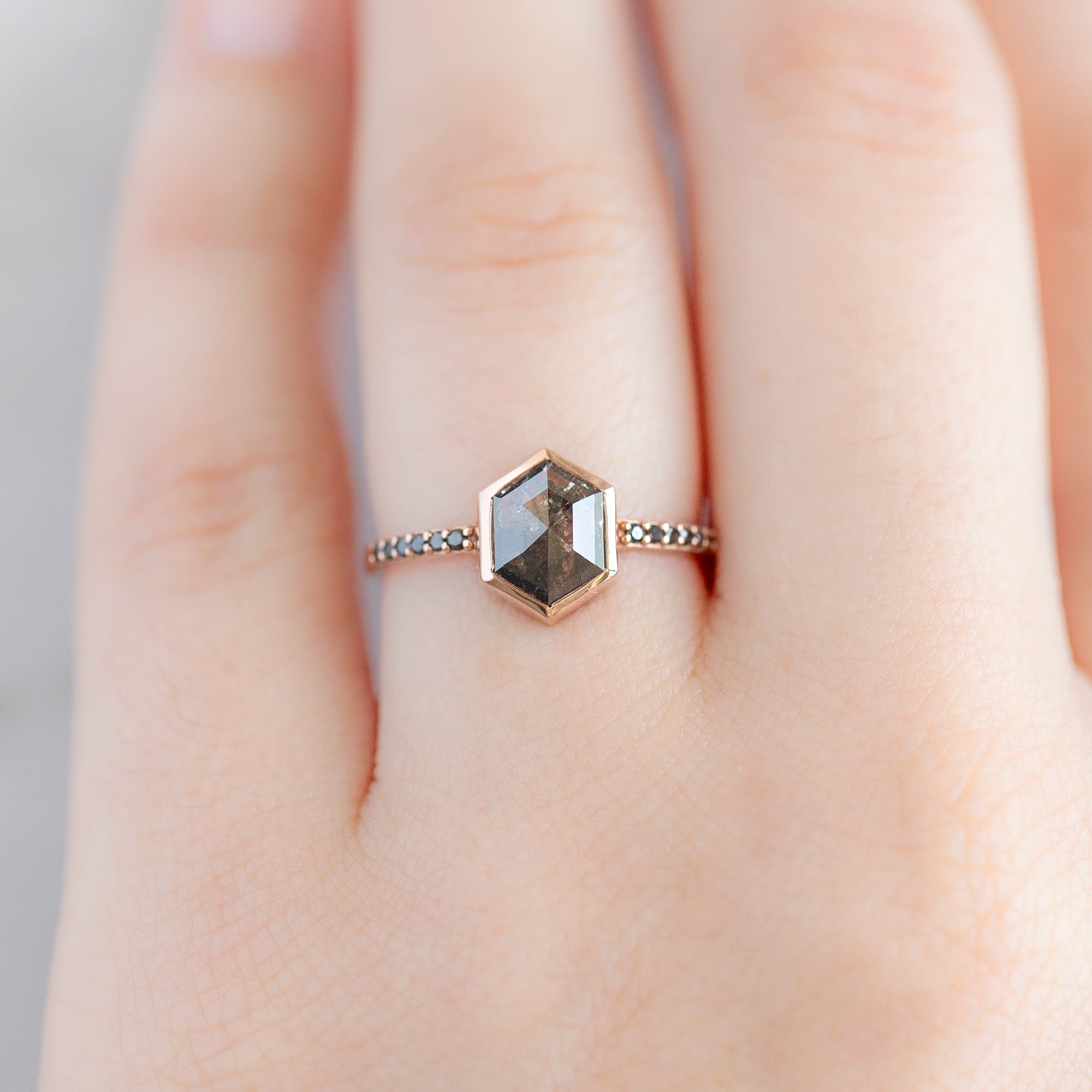 The Willow Ring with a 1.19ct Hexagon Black Diamond in 14K Rose Gold on Model