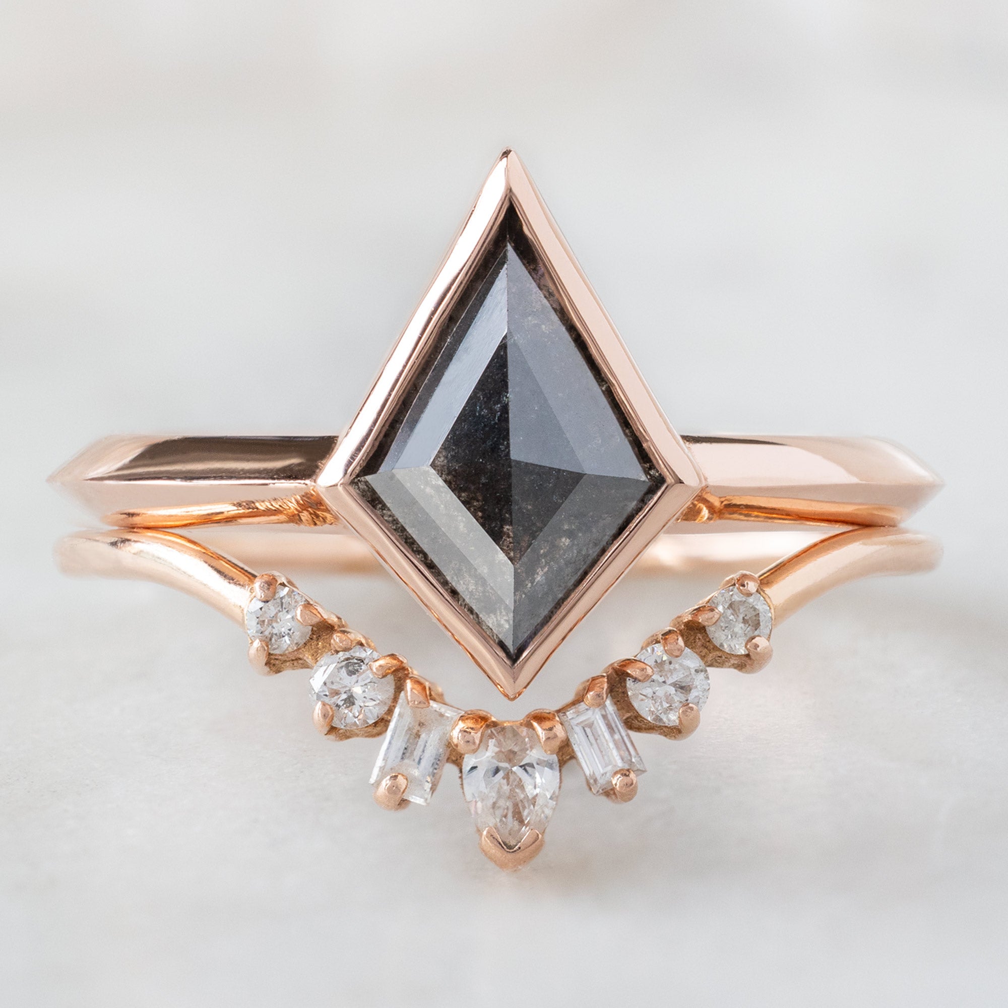 buy:the-hazel-ring-1-13ct-kite-black-diamond-in-14k-rose-gold,one-of-a-kind-geometric-white-diamond-sunburst-stacking-band-14k-or-18k-rose-gold