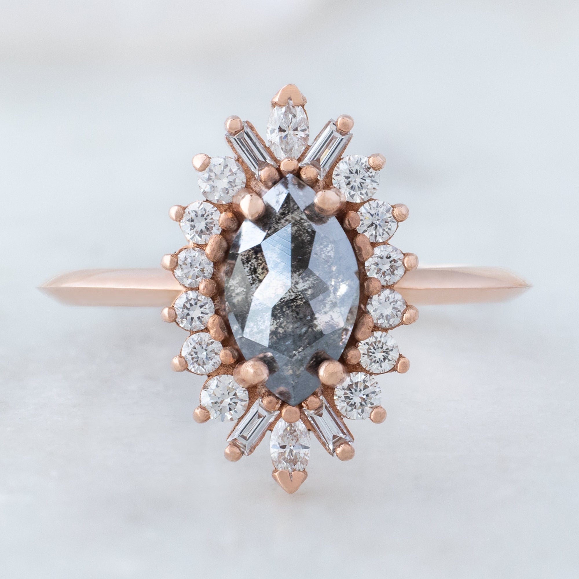 The Camellia Ring with a 0.94ct Marquise Cut Black Diamond in 14K Rose Gold with white background