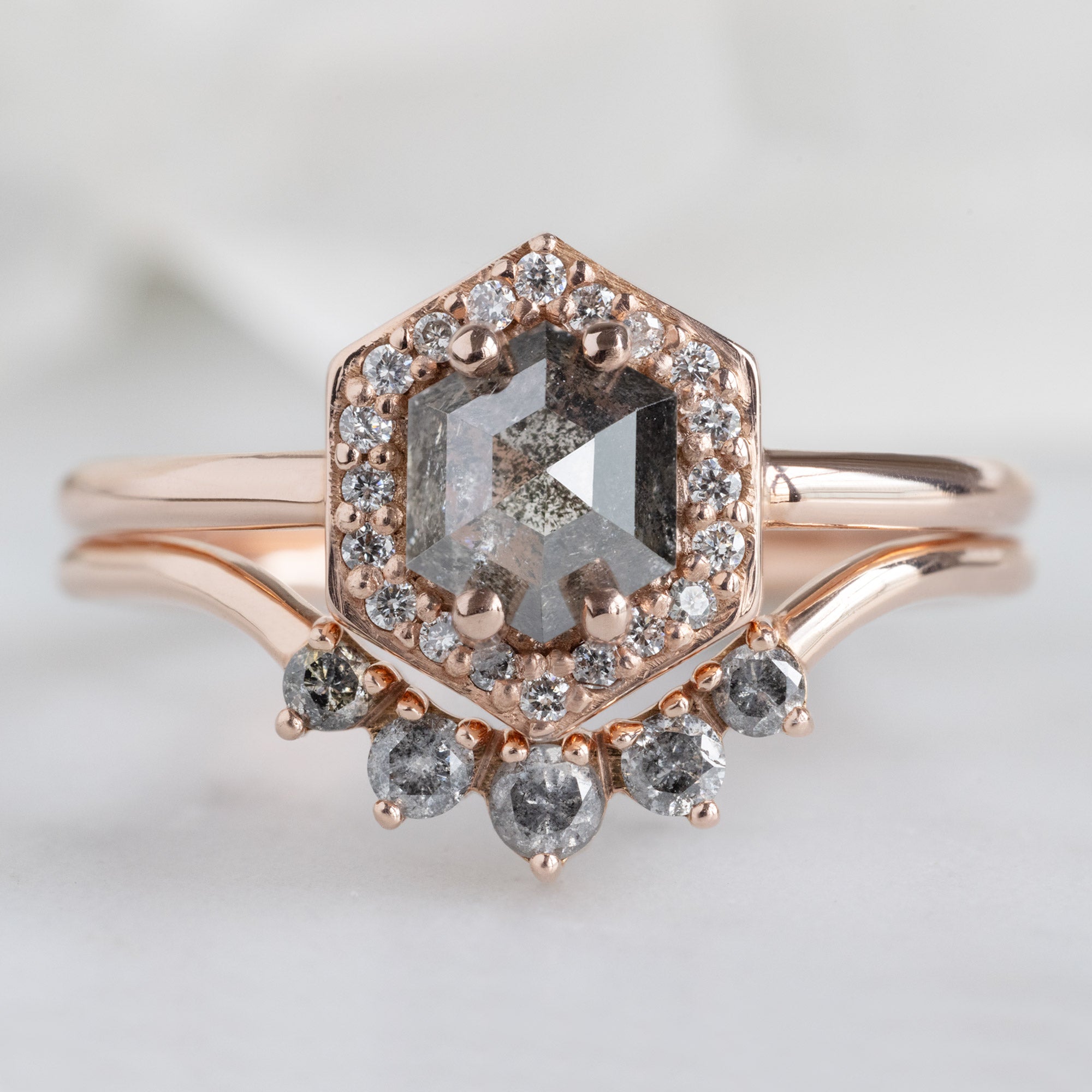The Dahlia Ring with a 0.89ct Hexagon Salt and Pepper Diamond in 14K Rose Gold Stacked with the Round Salt and Pepper Diamond Sunburst Stacking Band