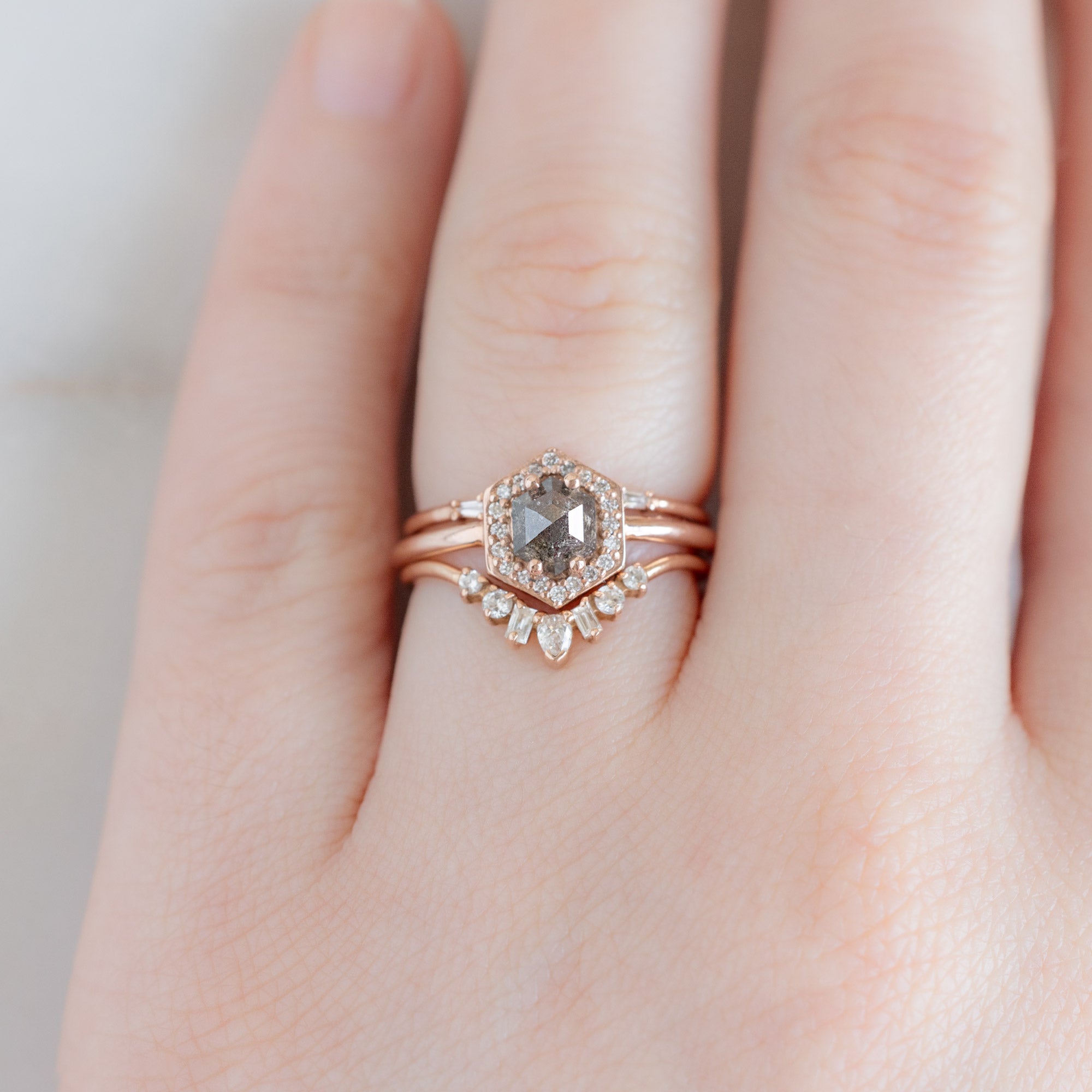 buy:open-cuff-baguette-white-diamond-stacking-band-14k-or-18k-yellow-gold,the-dahlia-ring-0-89ct-hexagon-salt-and-pepper-diamond-in-14k-rose-gold,geometric-white-diamond-sunburst-stacking-band-14k-or-18k-yellow-gold
