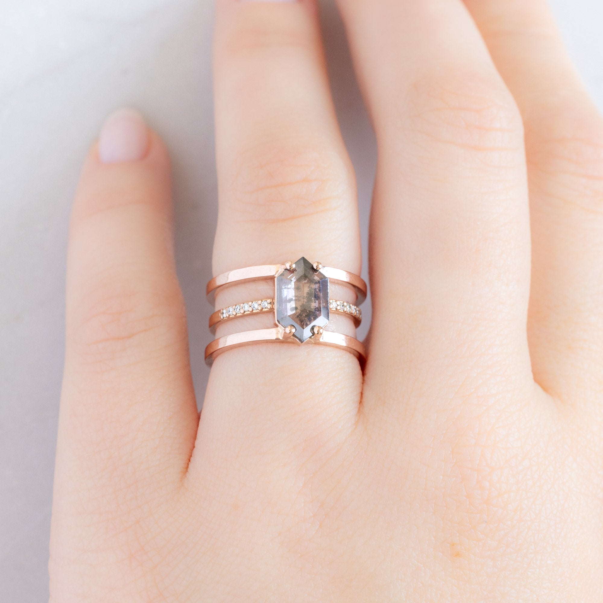 buy:the-poppy-ring-1-21ct-lab-grown-salt-and-pepper-hexagon-in-14k-rose-gold,open-cuff-white-diamond-pave-stacking-band-14k-or-18k-yellow-gold