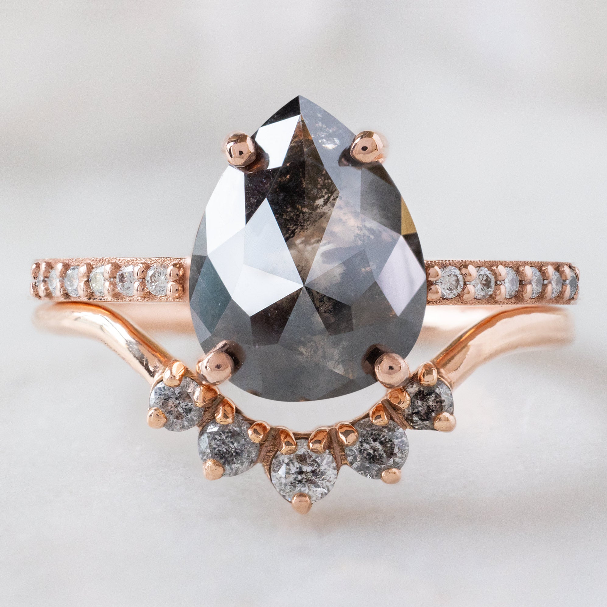 buy:the-willow-ring-2-01ct-pear-black-diamond-in-14k-rose-gold,one-of-a-kind-salt-and-pepper-diamond-sunburst-stacking-band-14k-or-18k-rose-gold