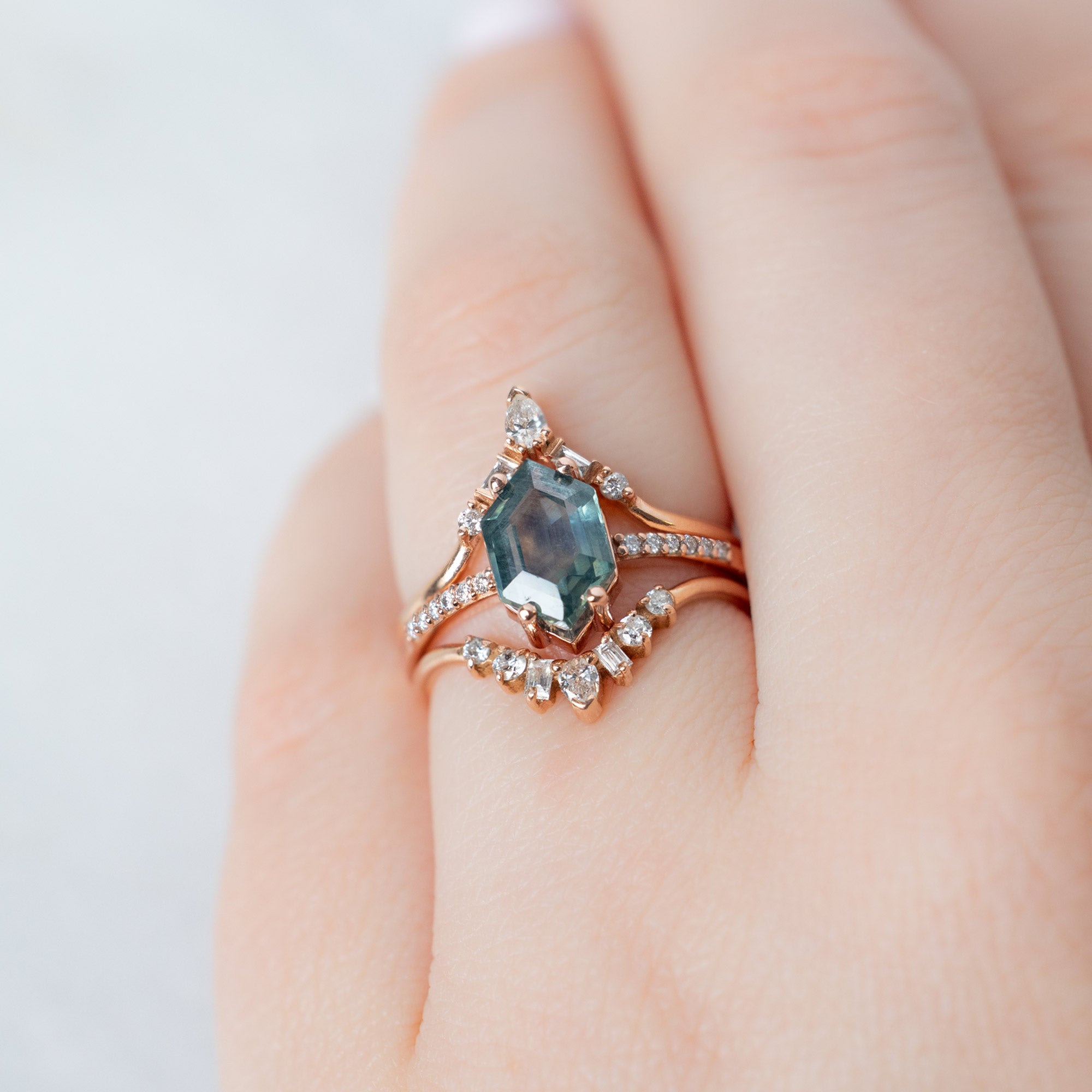 buy:white-diamond-tiara-stacking-band-14k-or-18k-rose-gold,the-willow-ring-1-86ct-hexagon-montana-sapphire-in-14k-rose-gold,geometric-white-diamond-sunburst-stacking-band-14k-or-18k-rose-gold