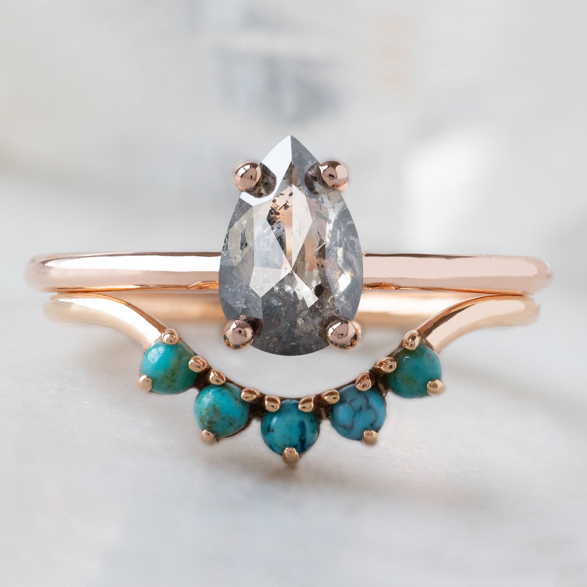 buy:the-bryn-ring-0-90ct-pear-salt-and-pepper-diamond-in-14k-rose-gold,round-turquoise-sunburst-stacking-band-5-stone-setting-in-14k-or-18k-white-gold