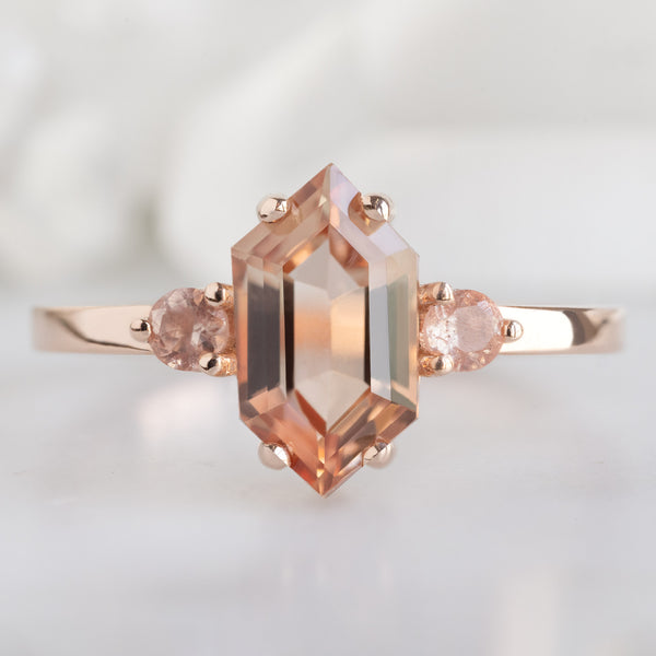 The Monochrome Ring with a 1.0ct Hexagon Sunstone in 14K Rose Gold on White Marble