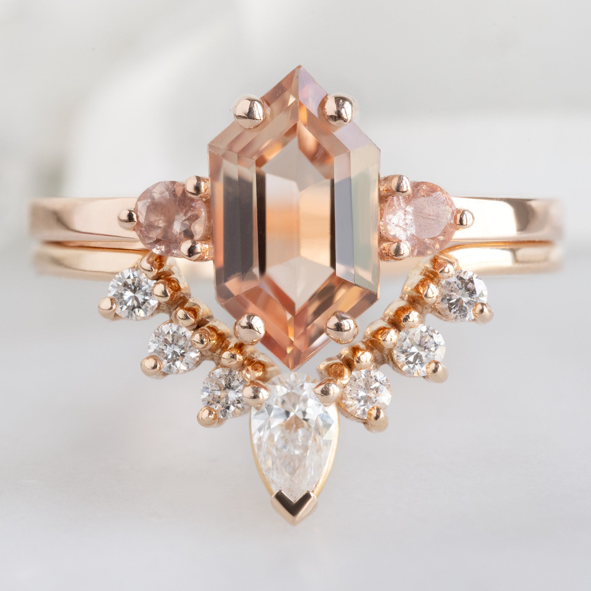 The Monochrome Ring with a 1.0ct Hexagon Sunstone in 14k Rose Gold Stacked with White Diamond Pear Sunburst Stacking Band