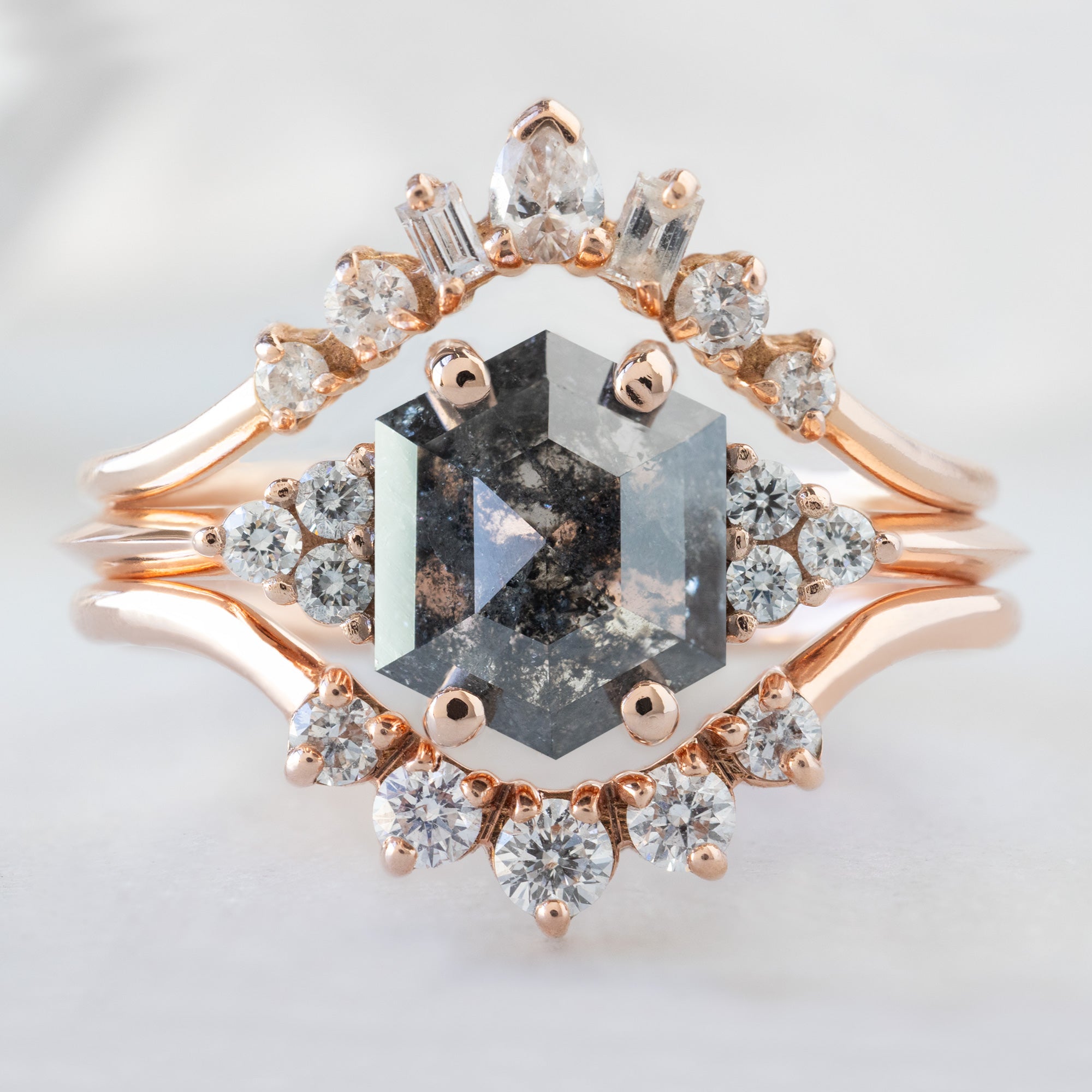 buy:geometric-white-diamond-sunburst-stacking-band-14k-or-18k-yellow-gold,the-ivy-ring-1-53ct-hexagon-salt-and-pepper-diamond-in-14k-rose-gold,round-white-diamond-sunburst-stacking-band-14k-or-18k-yellow-gold