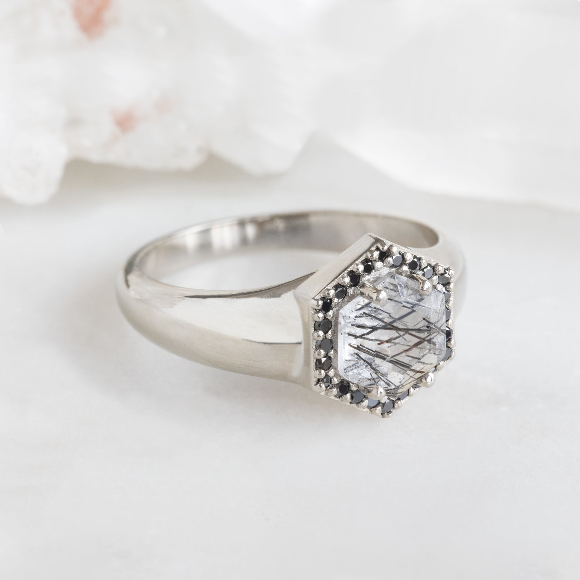 The Signet Ring | 0.70ct Hexagon Tourmaline in Quartz in 14K White Gold