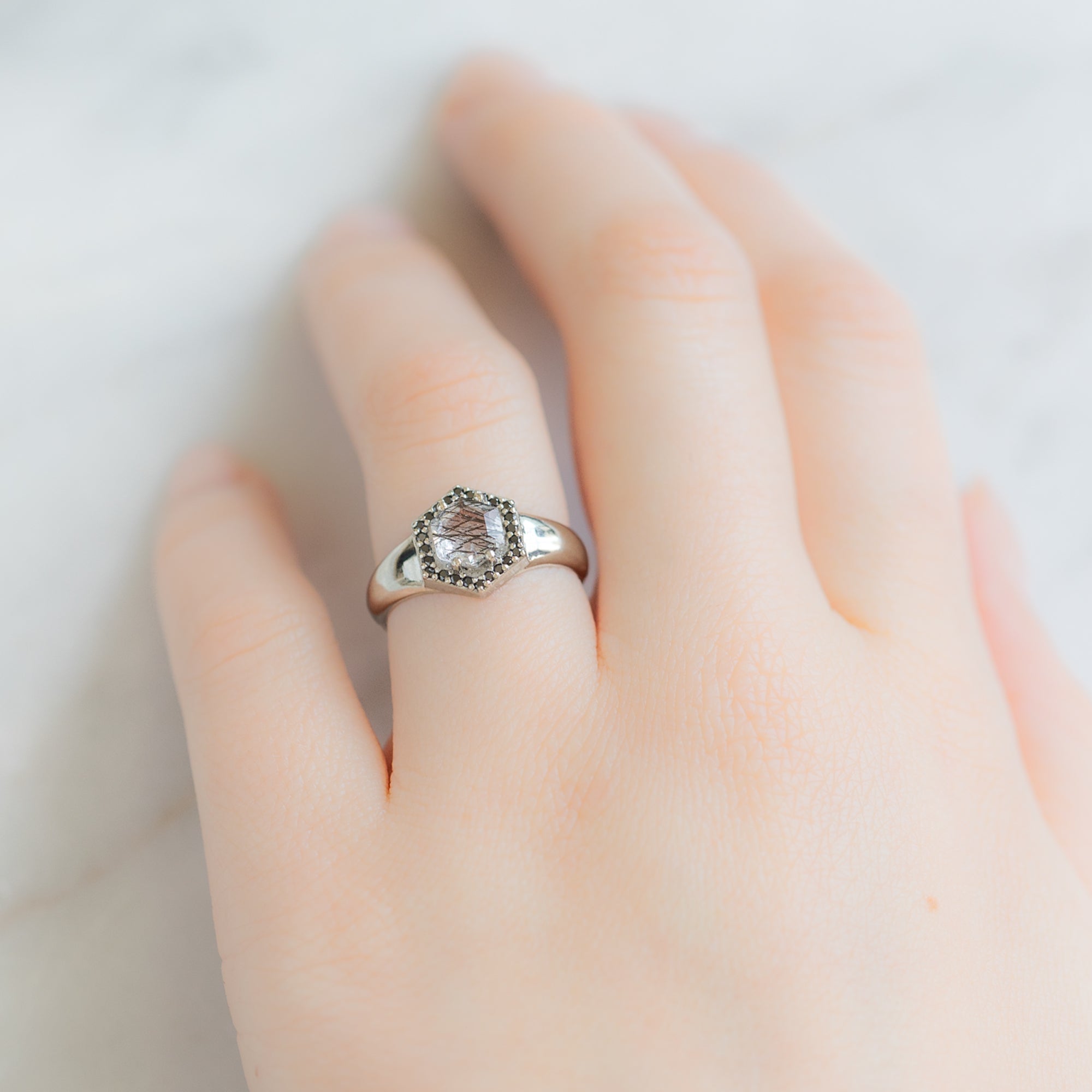 The Signet Ring | 0.70ct Hexagon Tourmaline in Quartz in 14K White Gold
