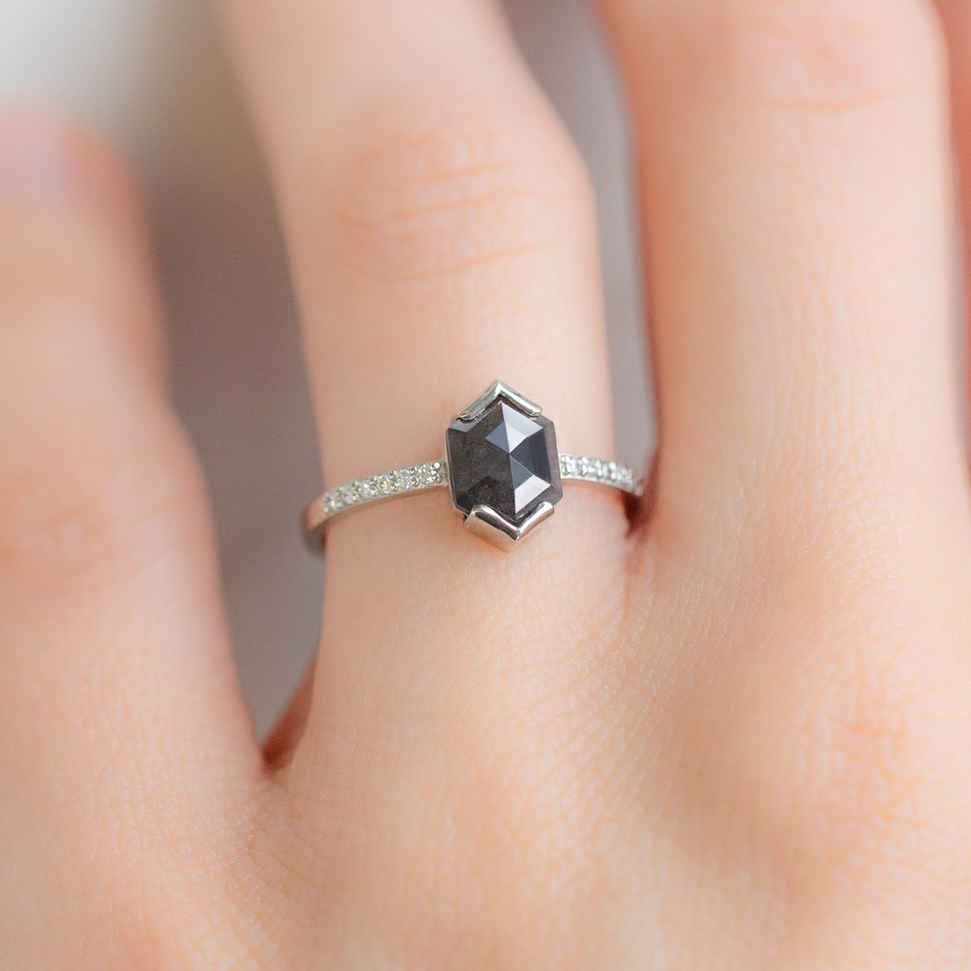 The Willow Ring | 0.78ct Hexagon Black Diamond in 14K White Gold