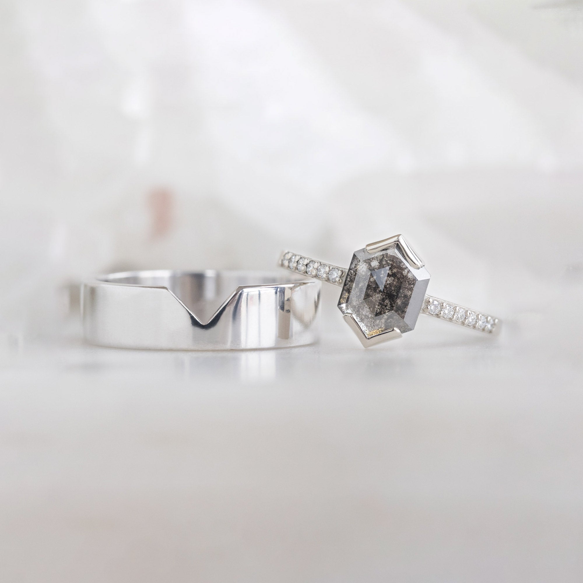 The Willow Ring | 0.78ct Hexagon Black Diamond in 14K White Gold
