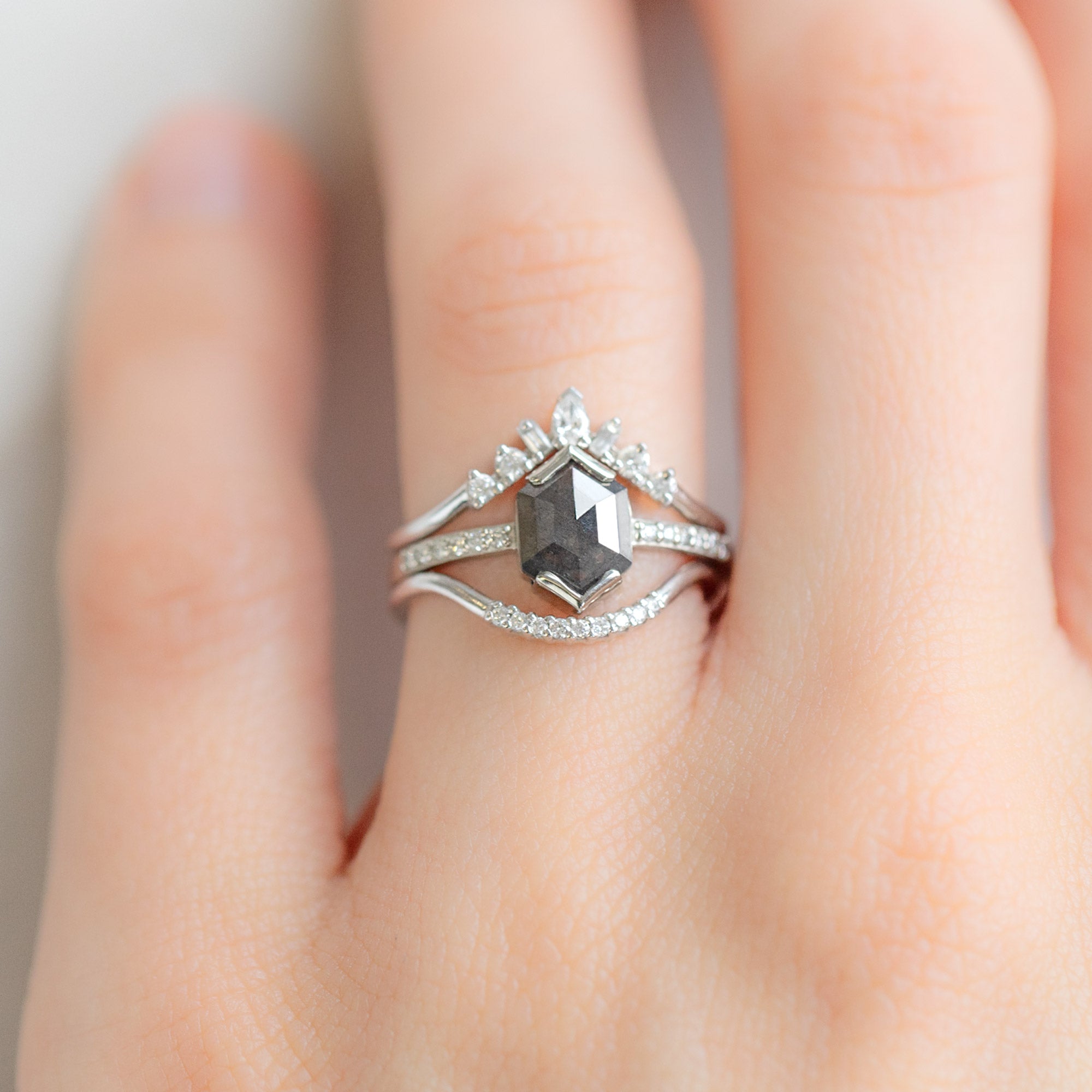 The Willow Ring | 0.78ct Hexagon Black Diamond in 14K White Gold