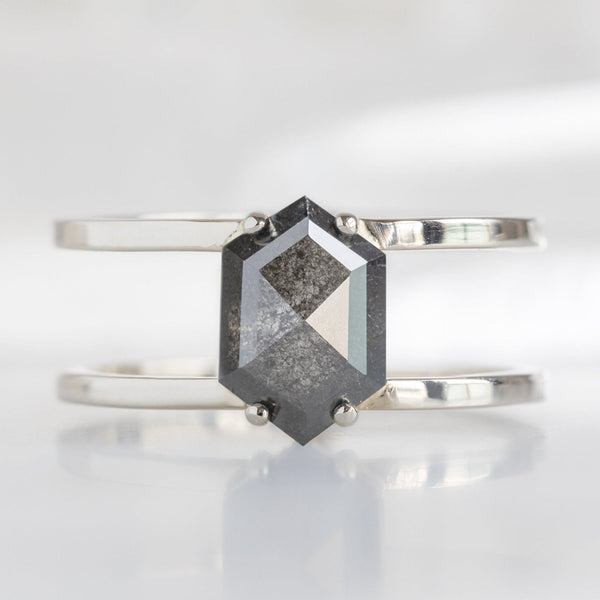 The Poppy Ring with a 1.27ct Hexagon Black Diamond in 14K White Gold on White Marble