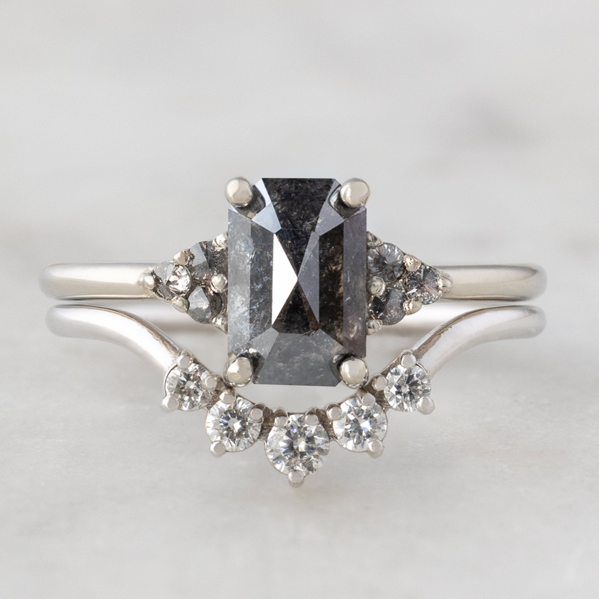 The Ivy Ring with a 1.35ct Emerald Cut Black Diamond in 14K White Gold with Round Diamond Sunburst Stacking Band
