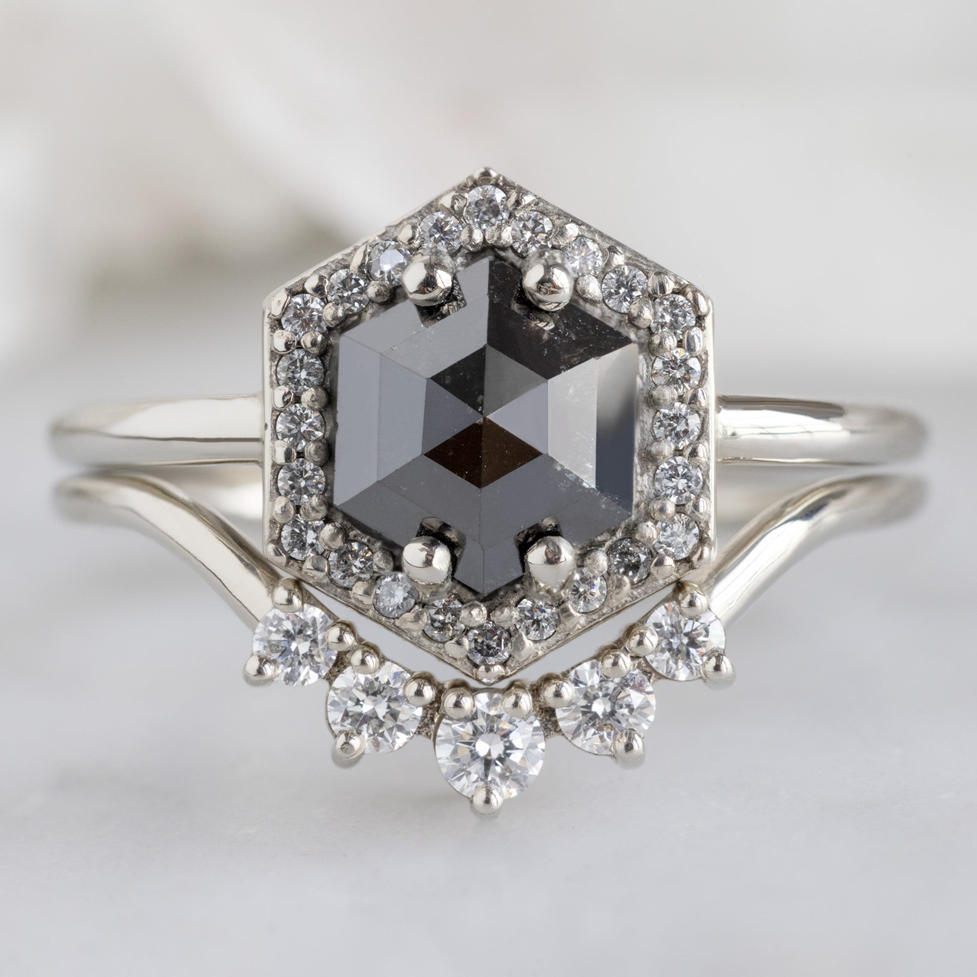 buy:the-dahlia-ring-1-38ct-hexagon-black-diamond-in-14k-white-gold,round-white-diamond-sunburst-stacking-band-14k-or-18k-yellow-gold