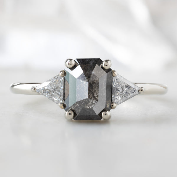 The Jade Ring with a 1.26ct Emerald Cut Black Diamond in 14K White Gold on White Marble