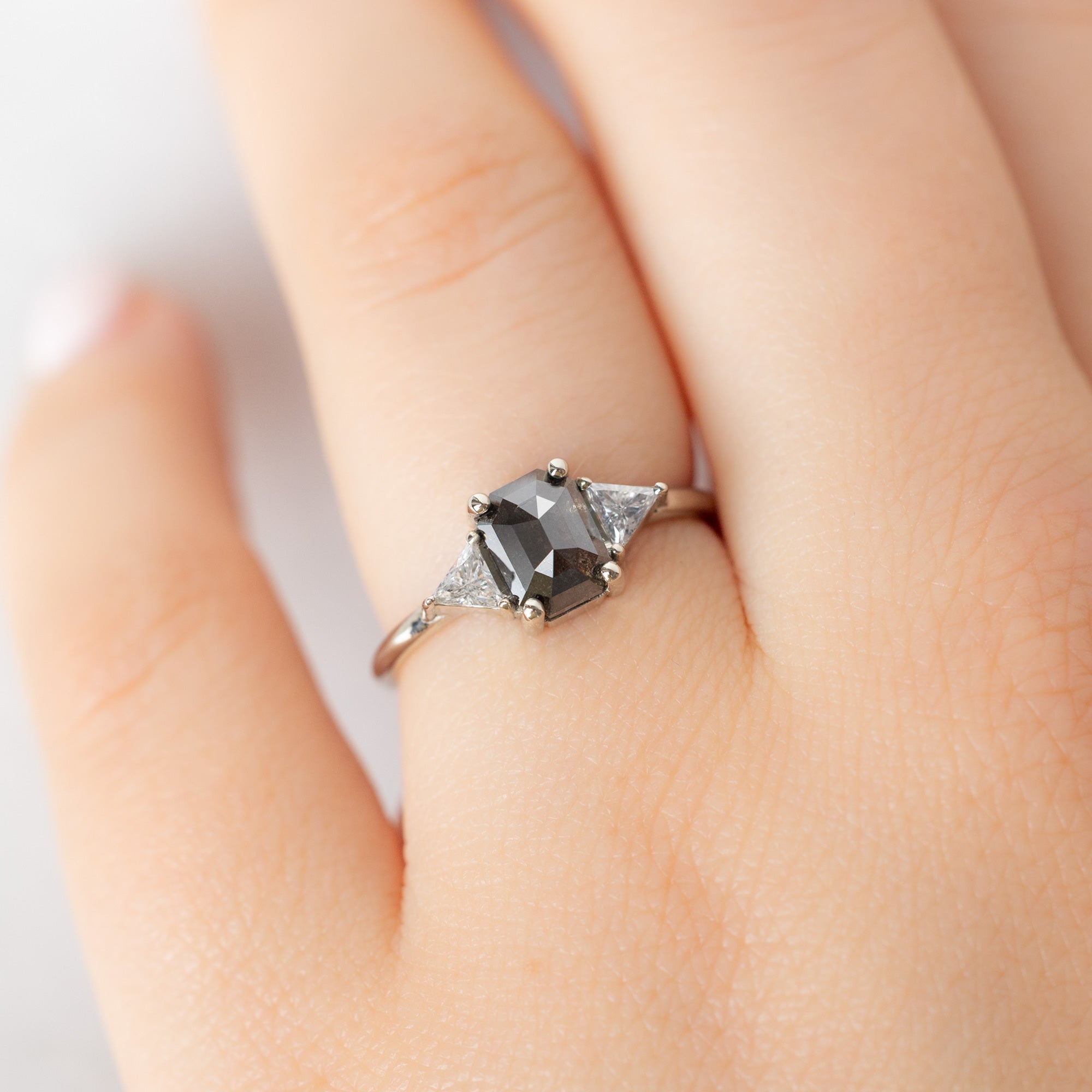 The Jade Ring with a 1.26ct Emerald Cut Black Diamond in 14K White Gold on Model