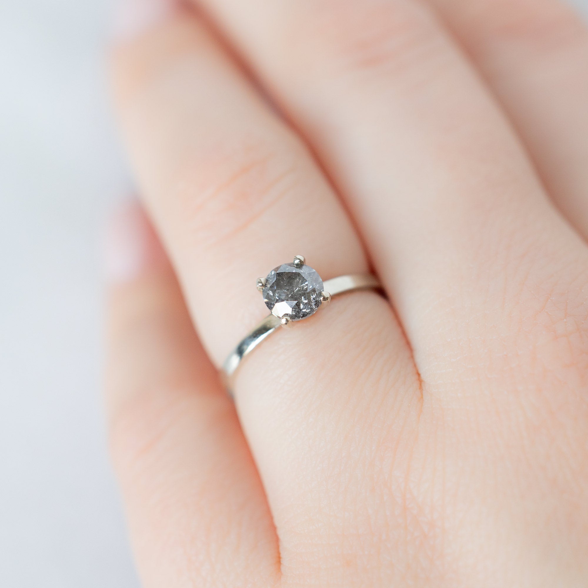 The Bryn Ring with a 1.01ct Round Salt and Pepper Diamond in 14K White Gold on Model