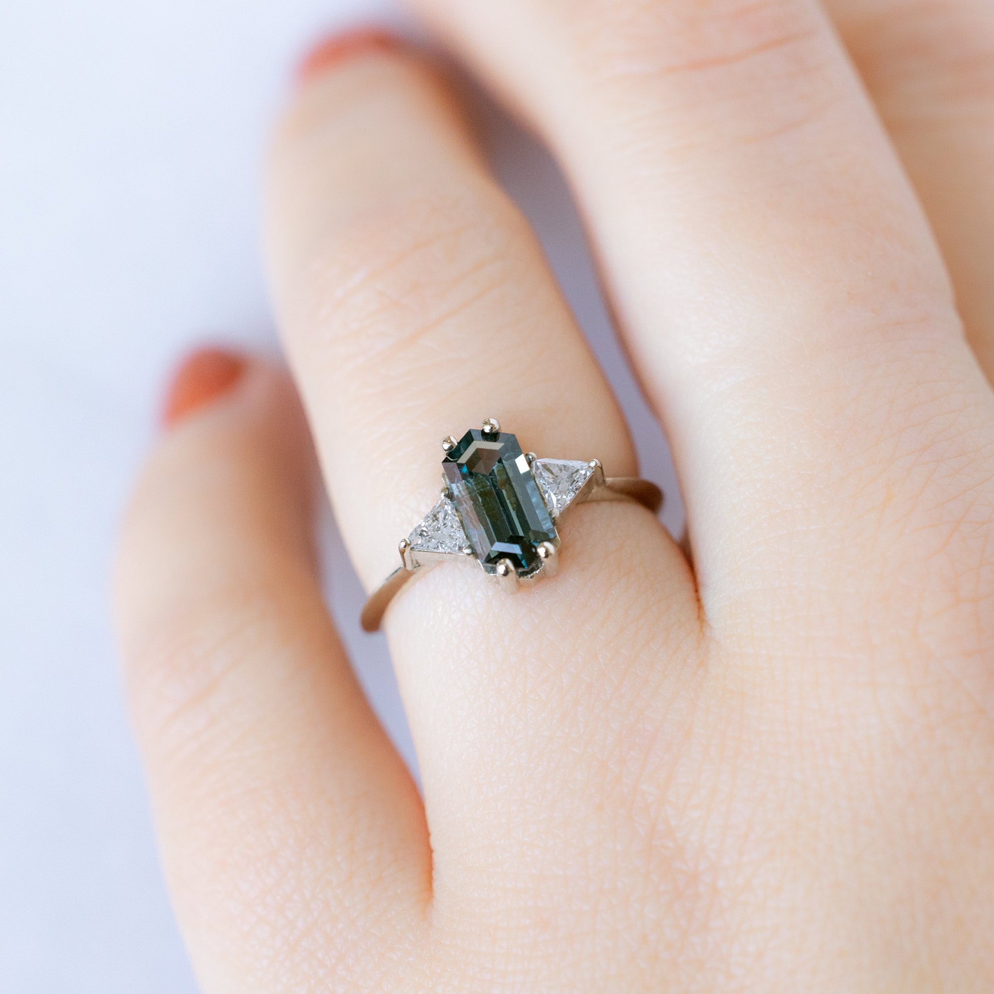 The Jade Ring with a 1.11ct Hexagonal Blue Spinel in 14K White Gold on model