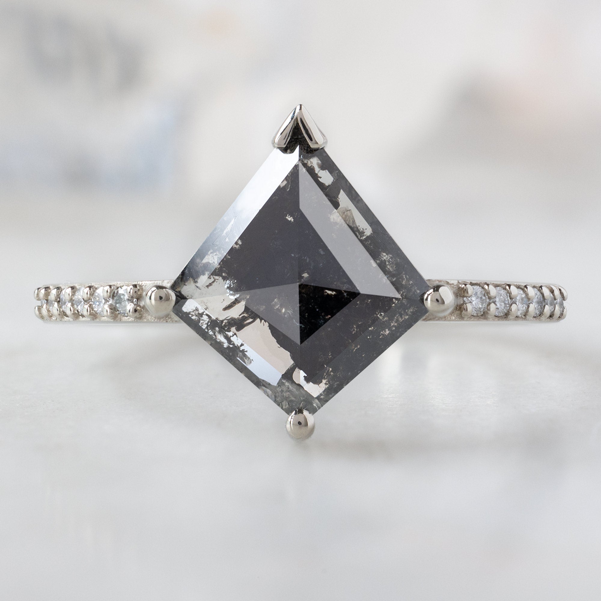 The Willow Ring with a 1.42ct Kite Salt and Pepper Diamond in 14K White Gold