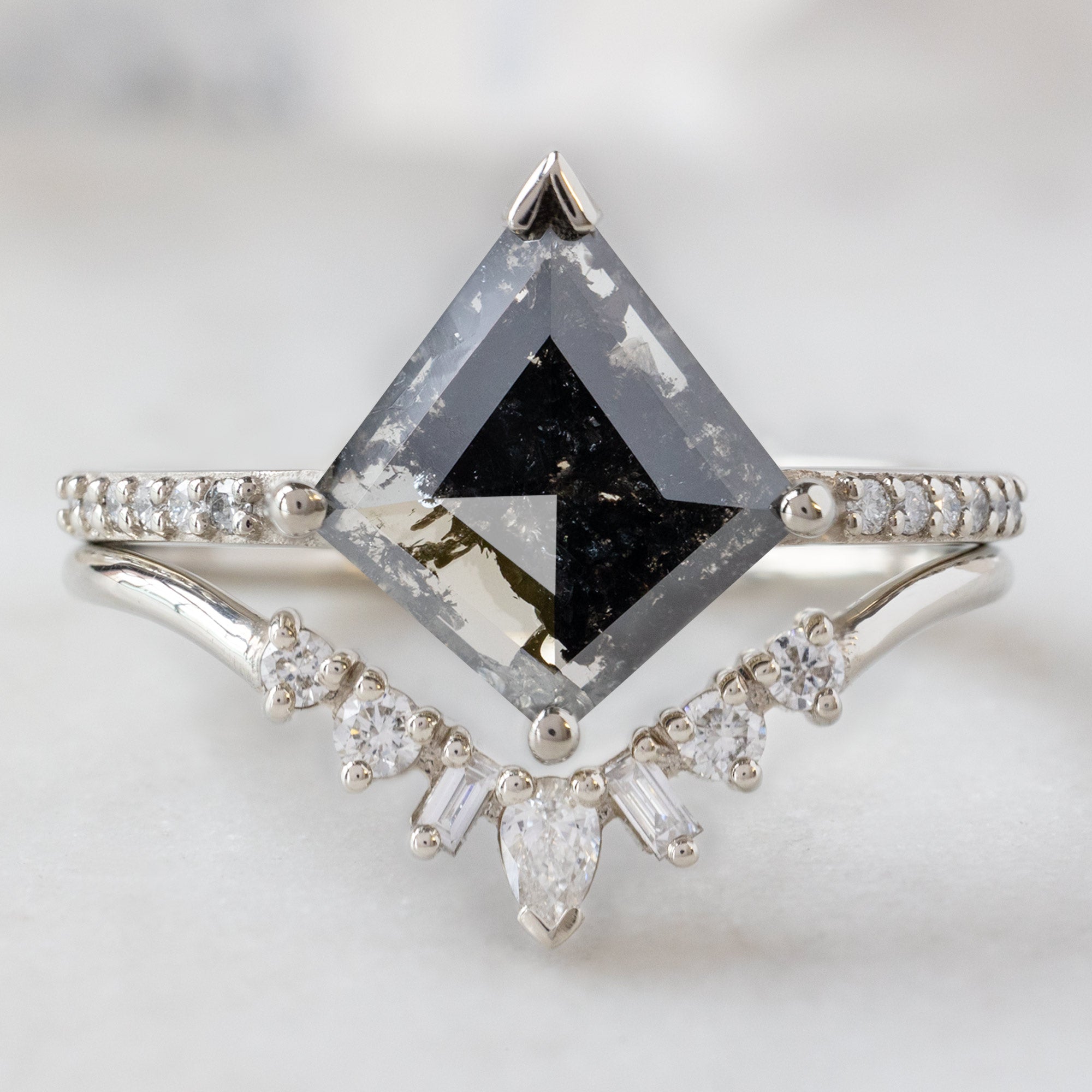 The Willow Ring with a 1.42ct Kite Salt and Pepper Diamond in 14K White Gold with Geometric White Diamond Sunburst Stacking Band