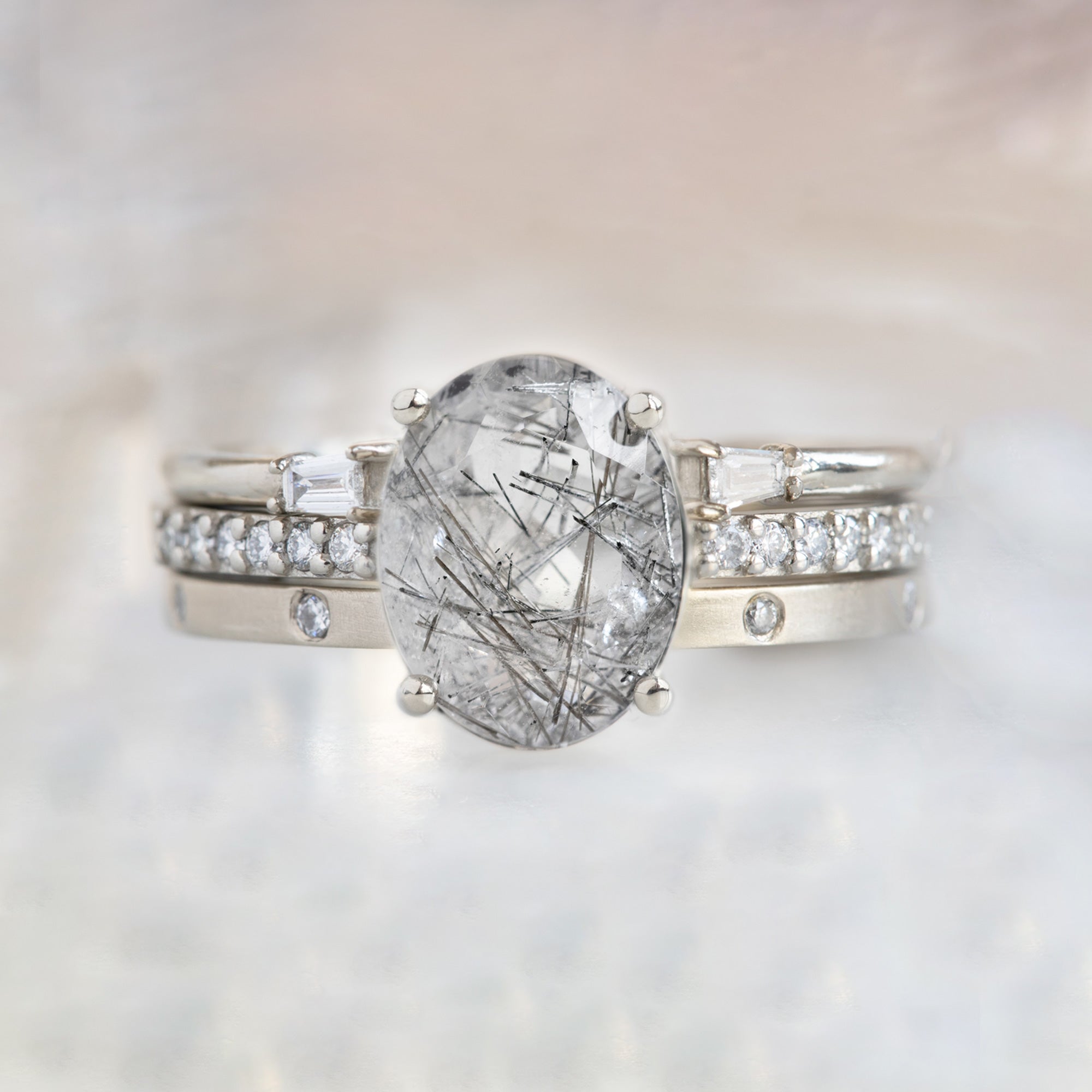 The Willow Ring with a 1.82ct Oval Tourmaline in Quartz in 14K White Gold with White Diamond Stacking Bands