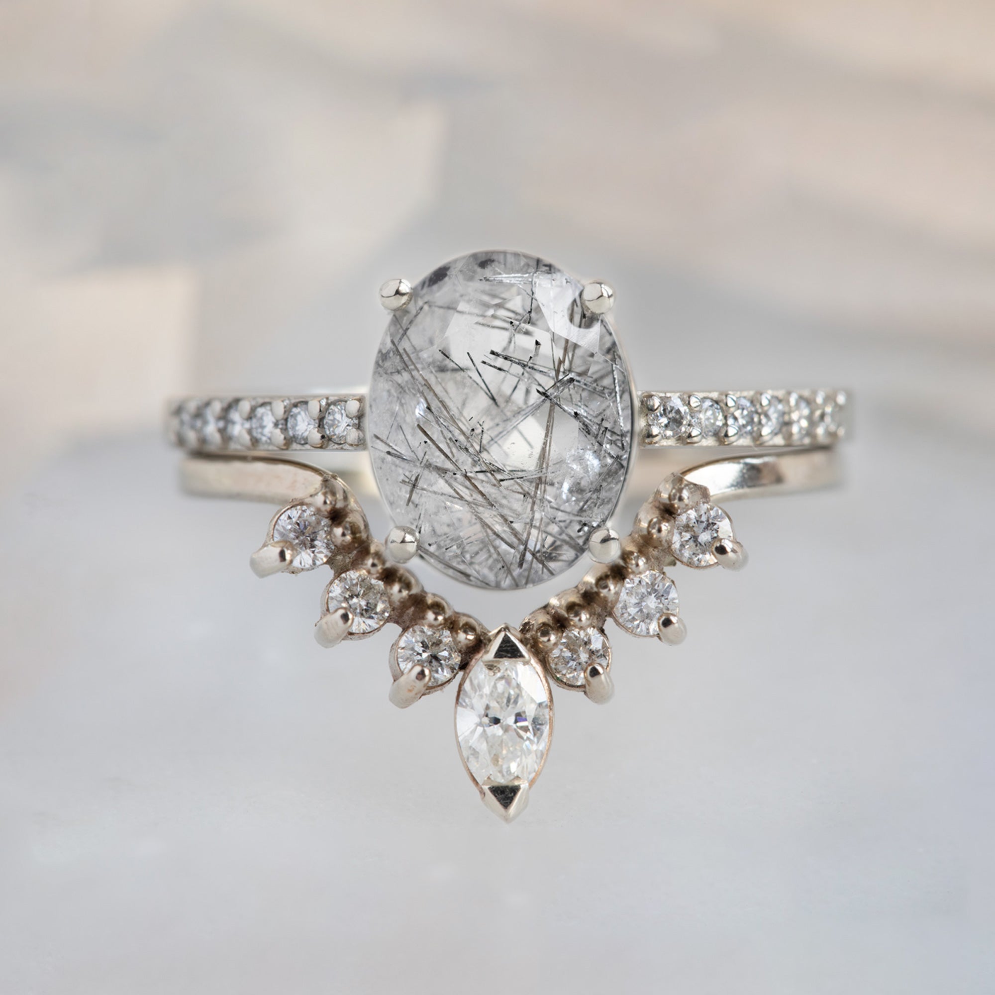 The Willow Ring with a 1.82ct Oval Tourmaline in Quartz in 14K White Gold with White Diamond Marquise Sunburst Stacking Band