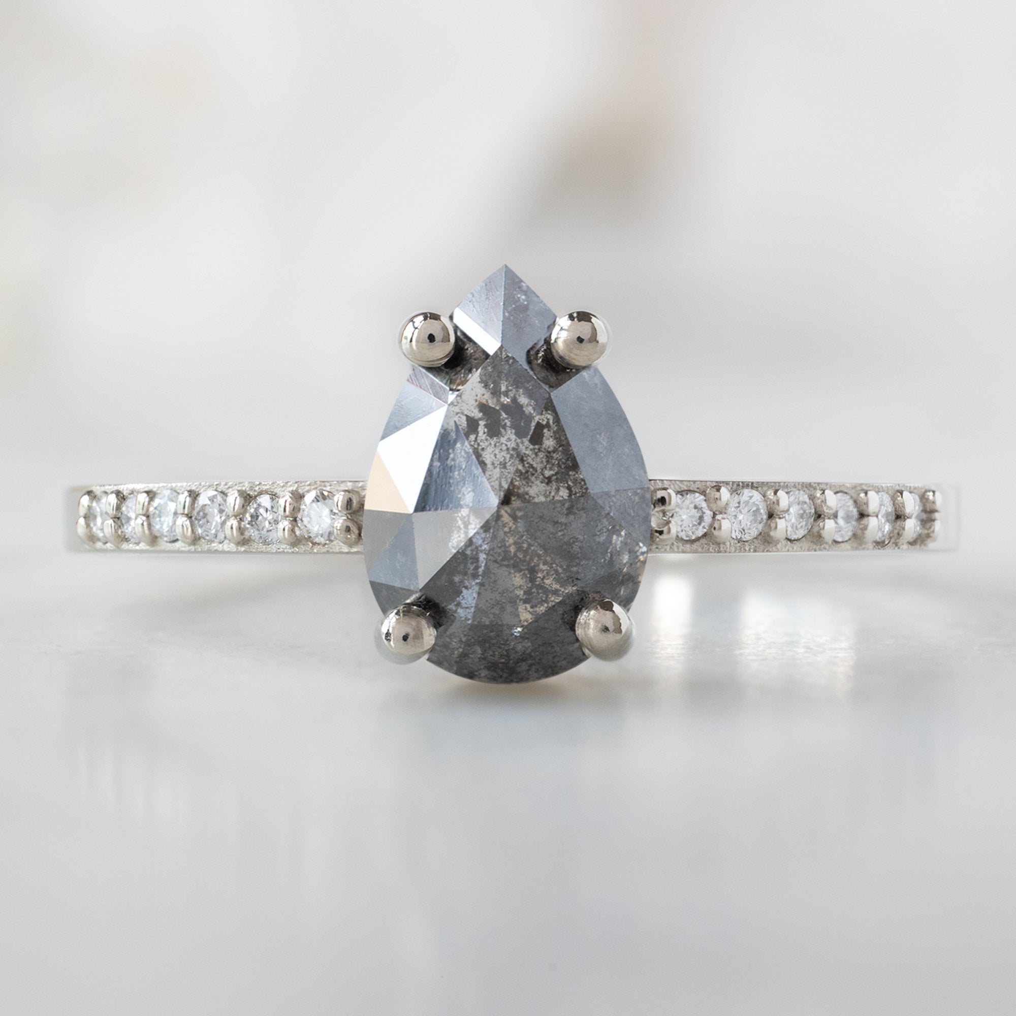 The Willow Ring with a 1.32ct Pear Salt and Pepper Diamond in 14K White Gold