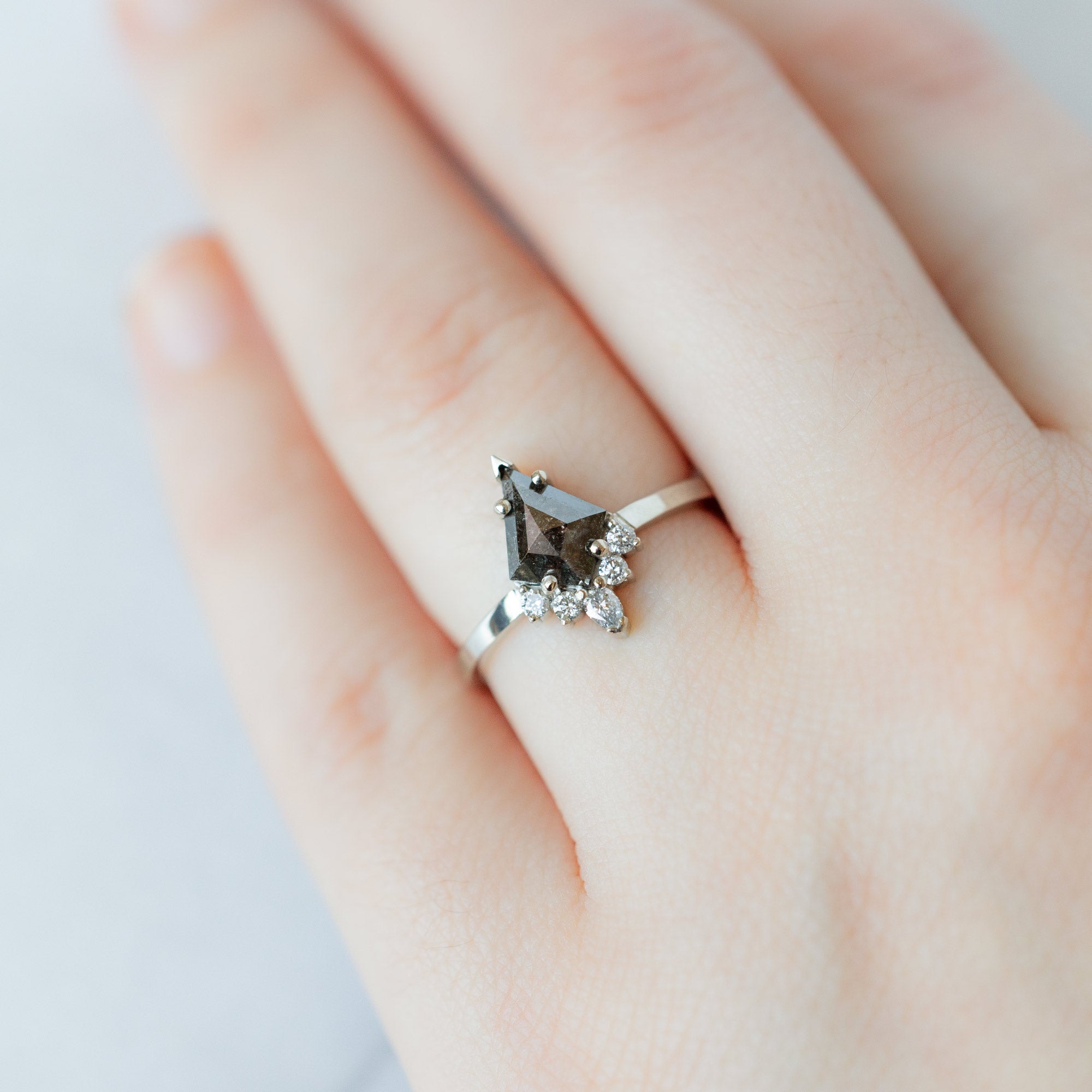 The Aster Ring with a 0.94ct Kite Black Diamond in 14K White Gold on Model