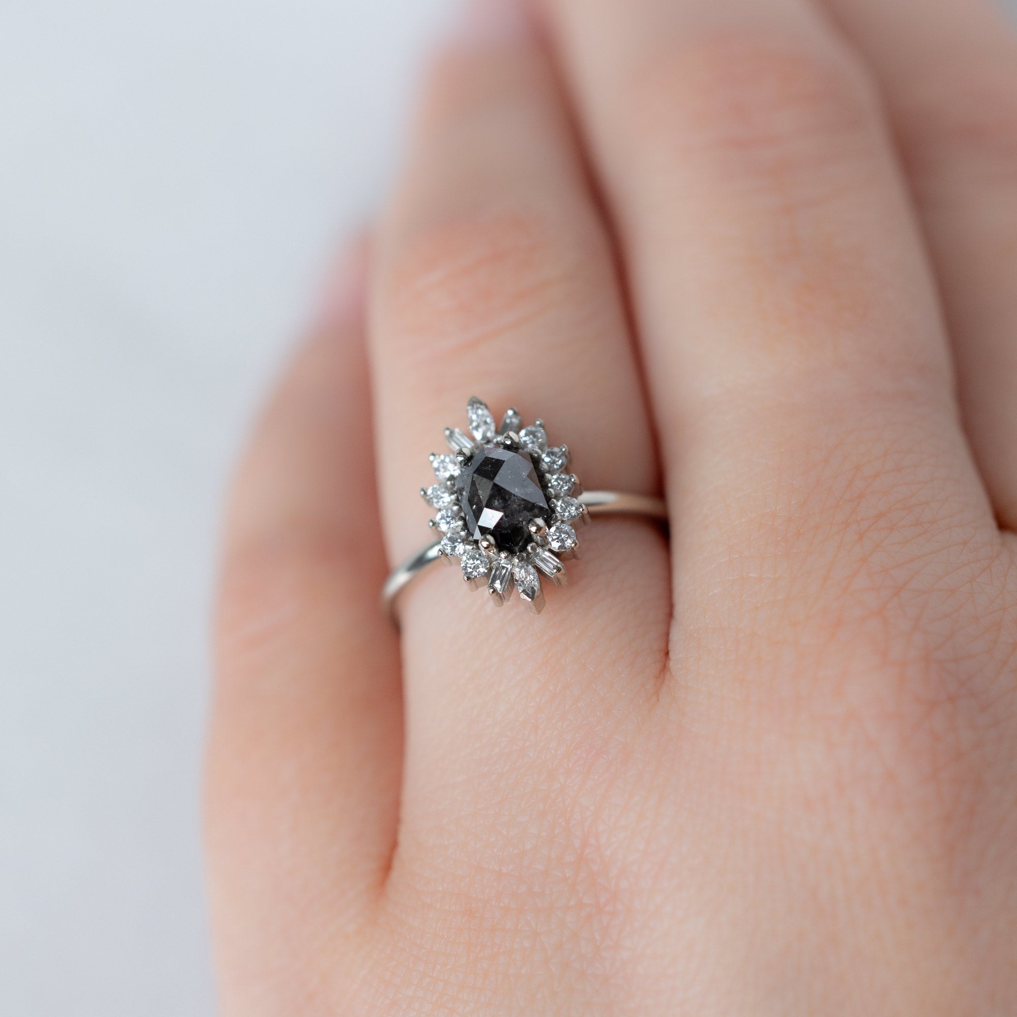 The Camellia Ring with a 1.25ct Hexagon Black Diamond in 14K White Gold on Model