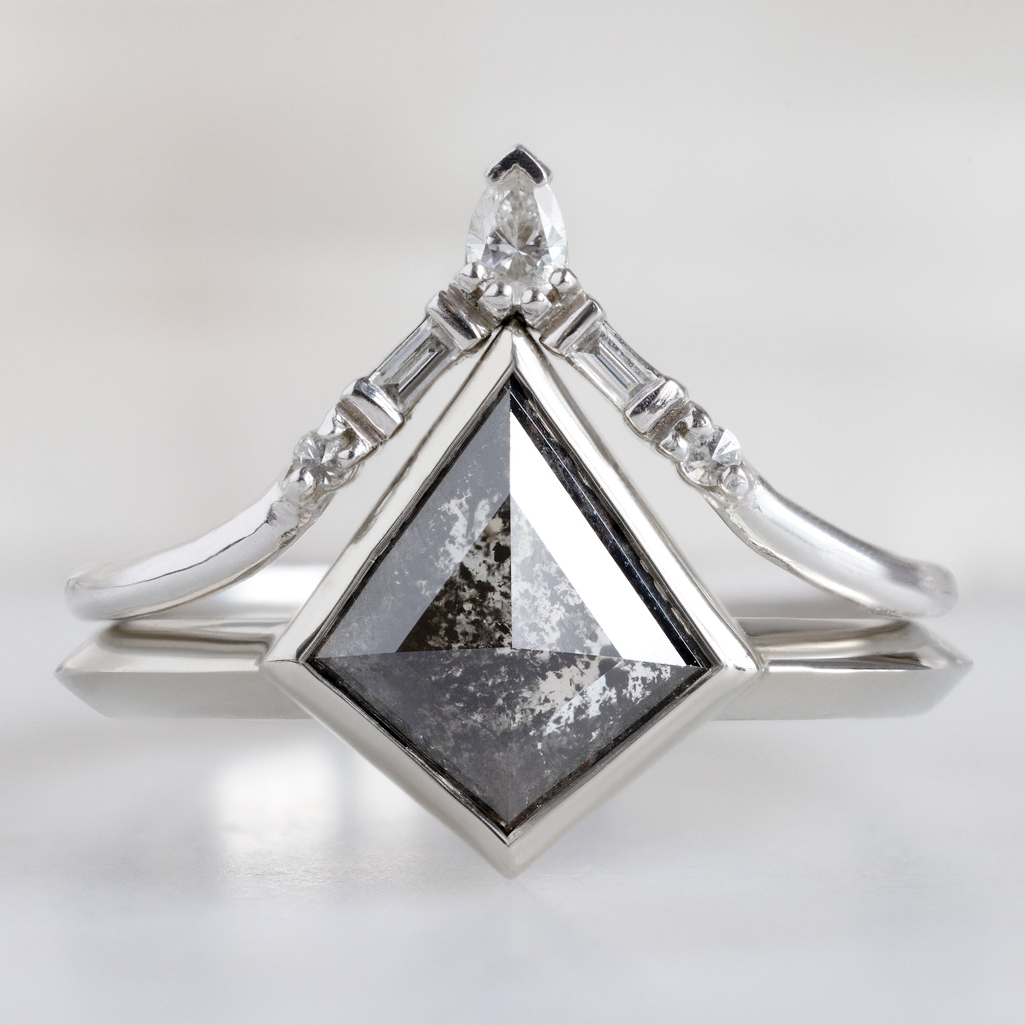 The Hazel Ring with a 1.37ct Black Kite Diamond in 14K White Gold Stacked with White Diamond Tiara Stacking Band