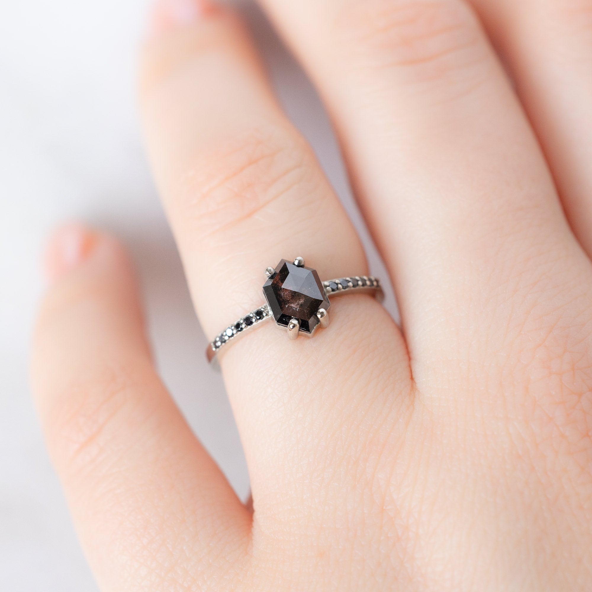 The Willow Ring with a 0.89ct Hexagon Black Diamond in 14K White Gold on Model