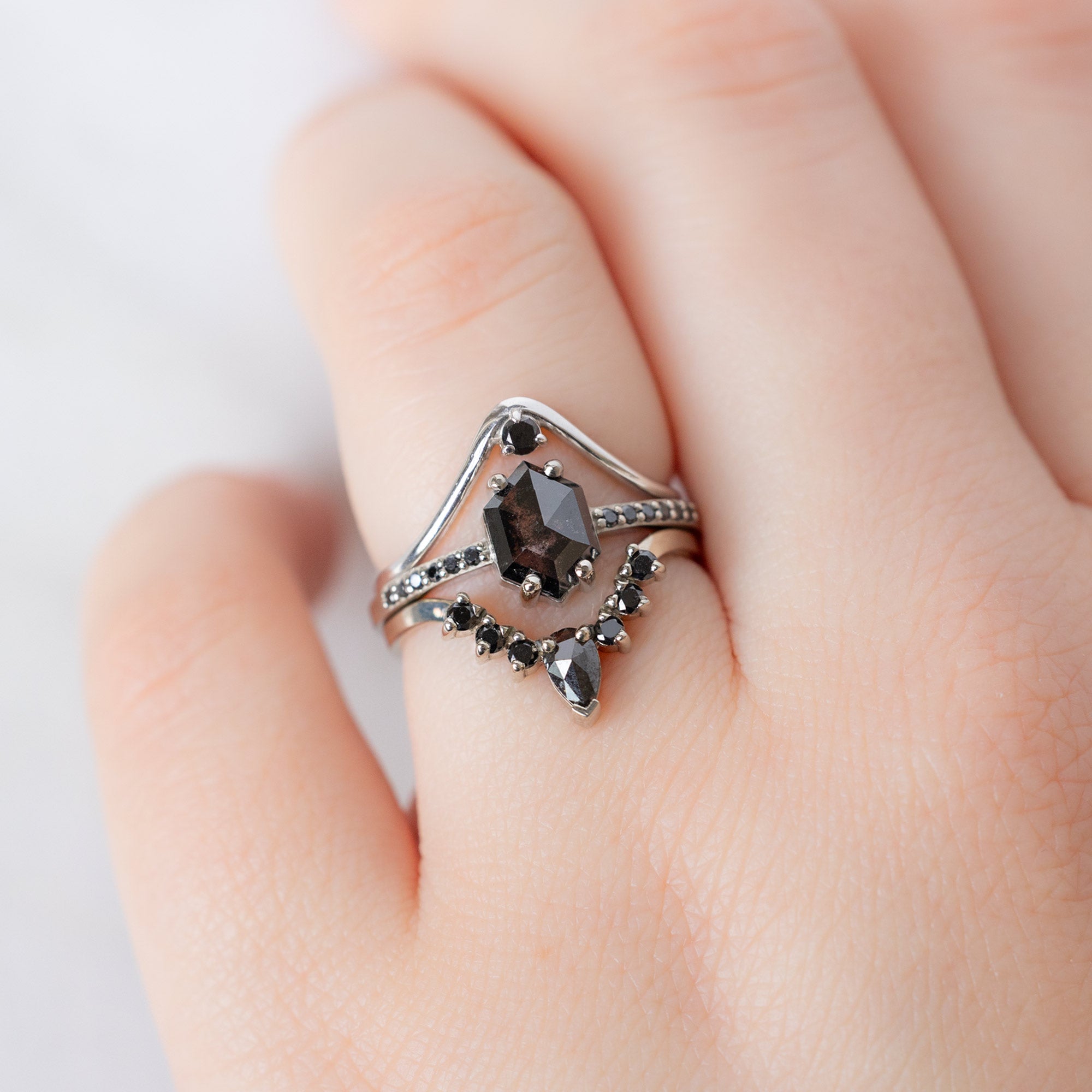 buy:peak-black-diamond-stacking-band-14k-or-18k-rose-gold,the-willow-ring-0-89ct-hexagon-black-diamond-in-14k-white-gold,pear-black-diamond-sunburst-stacking-band-14k-gold