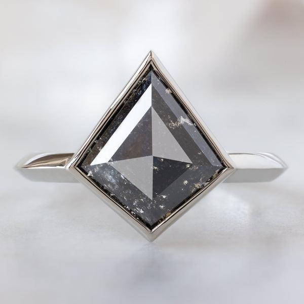The Hazel Ring with a 1.97ct Kite Black Diamond in 14K White Gold on White Marble