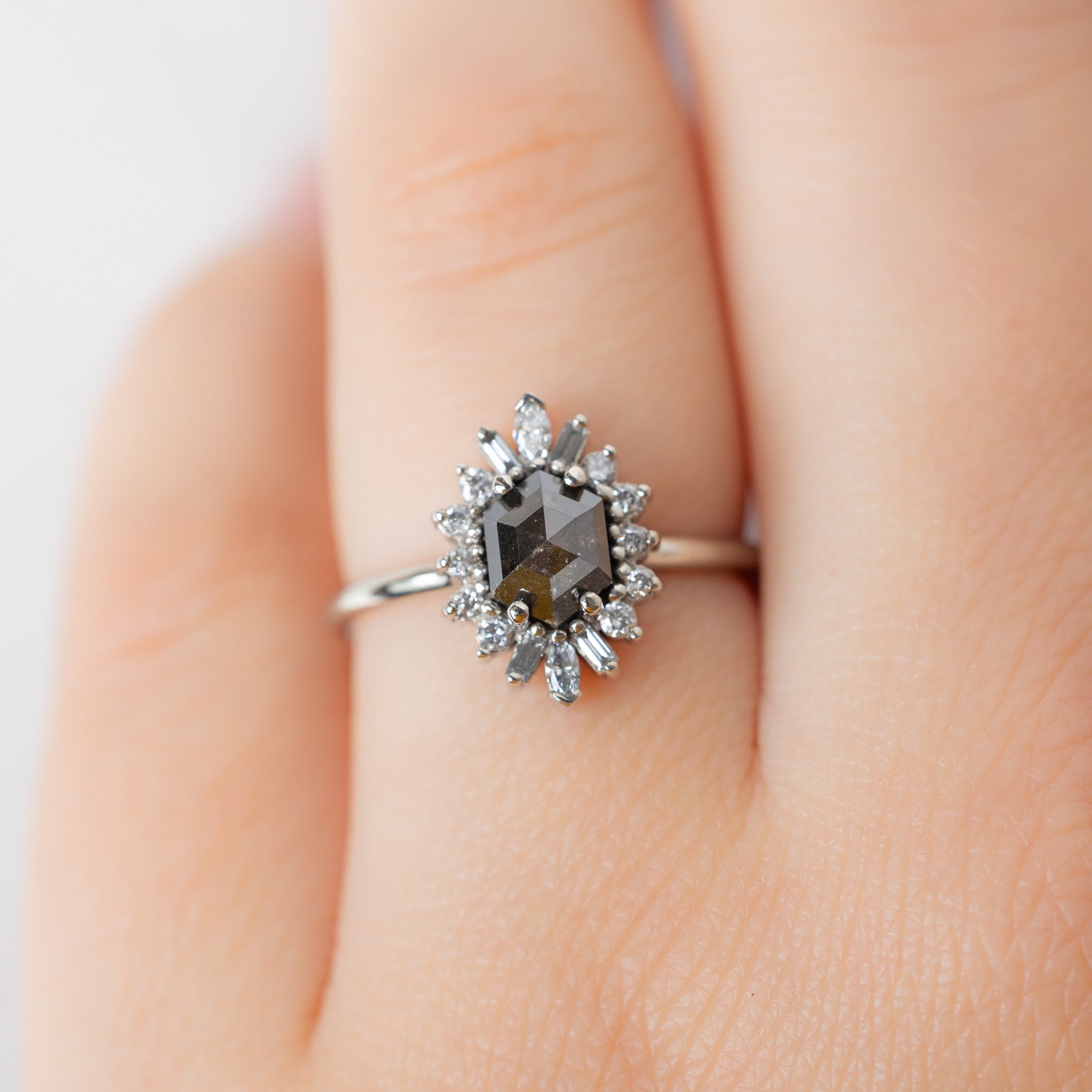 The Camellia Ring with a 0.94ct Hexagon Black Diamond in 14K White Gold on Model