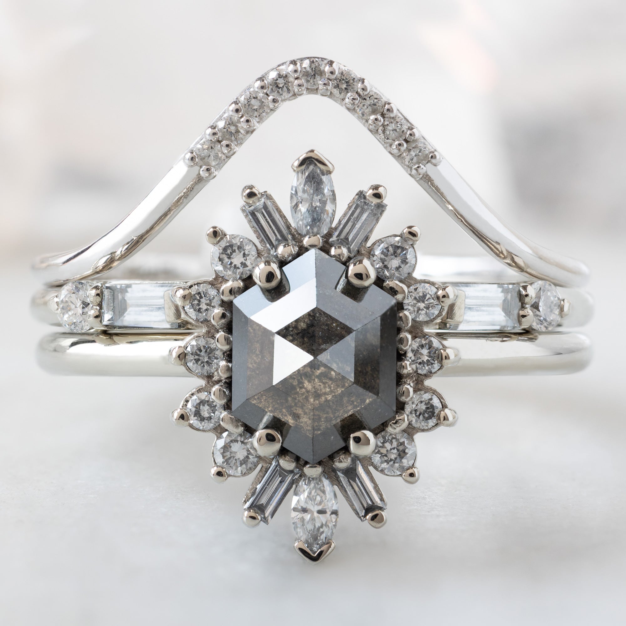 buy:white-diamond-pave-peak-stacking-band-14k-or-18k-yellow-gold,the-luxe-open-cuff-white-baguette-diamond-stacking-band-yellow-rose-or-white-gold,the-camellia-ring-0-94ct-hexagon-black-diamond-in-14k-white-gold