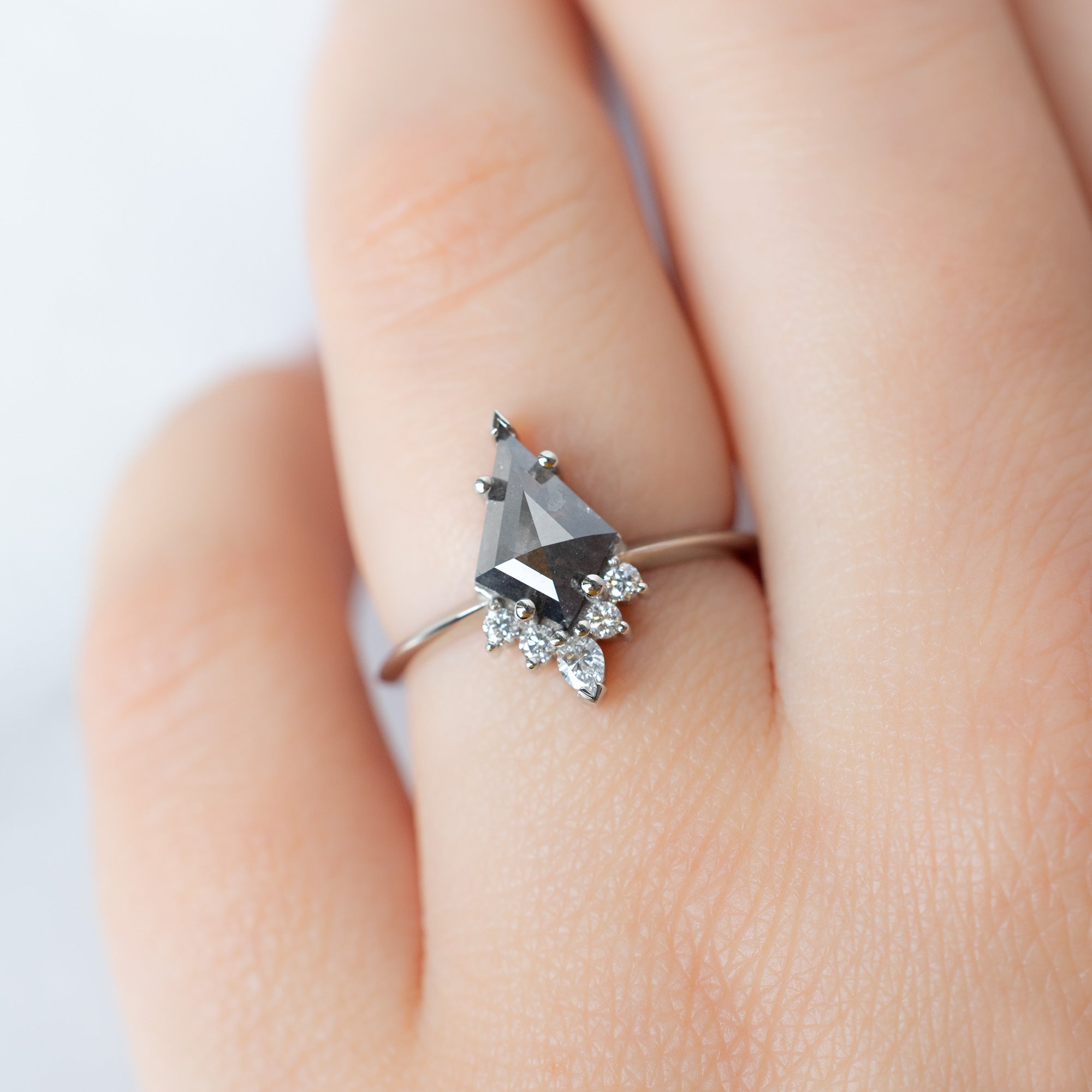 The Aster Ring with a 1.27ct Kite Black Diamond in 14K White Gold on Model