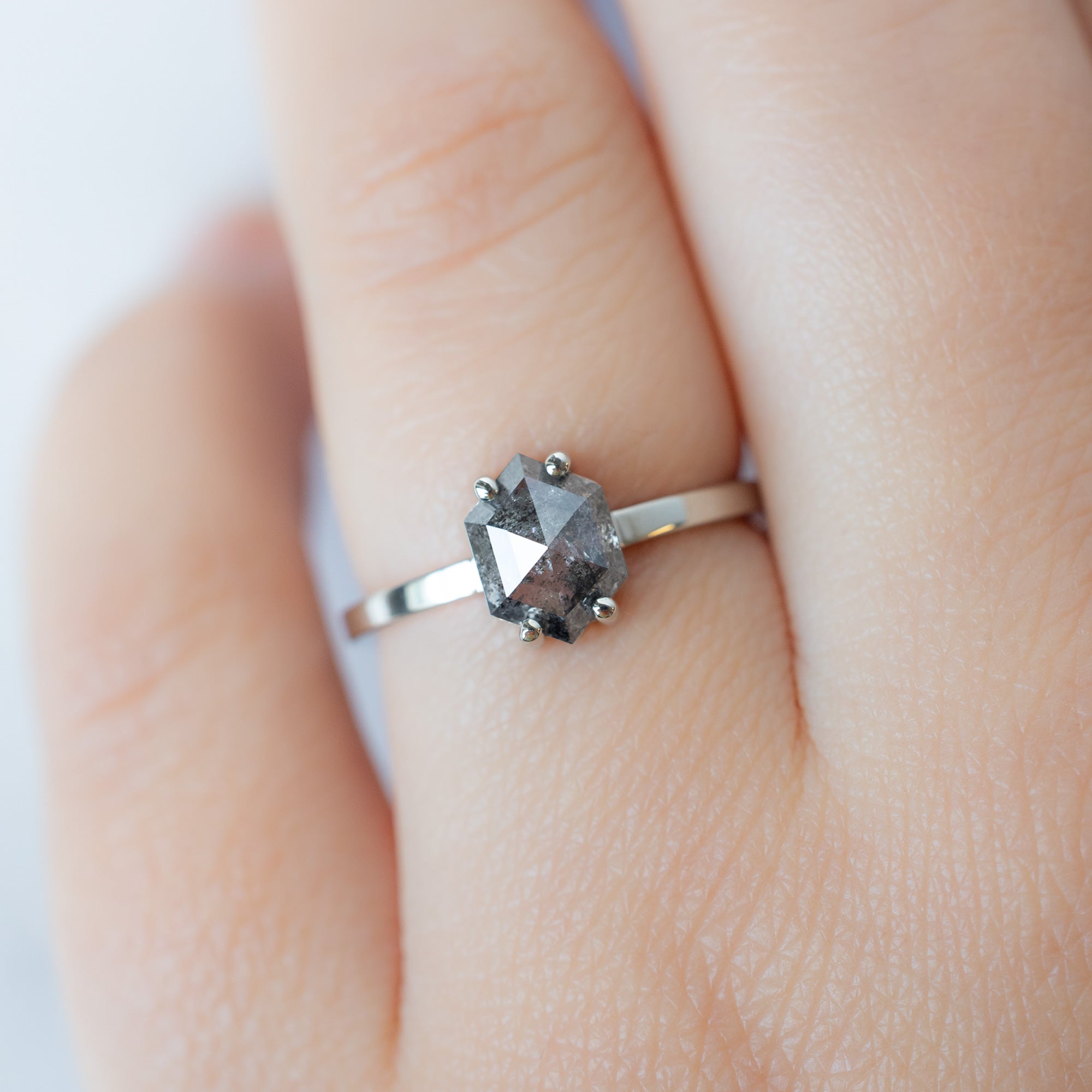 The Bryn Ring with a 1.37ct Hexagon Salt and Pepper Diamond in 14K White Gold on Model