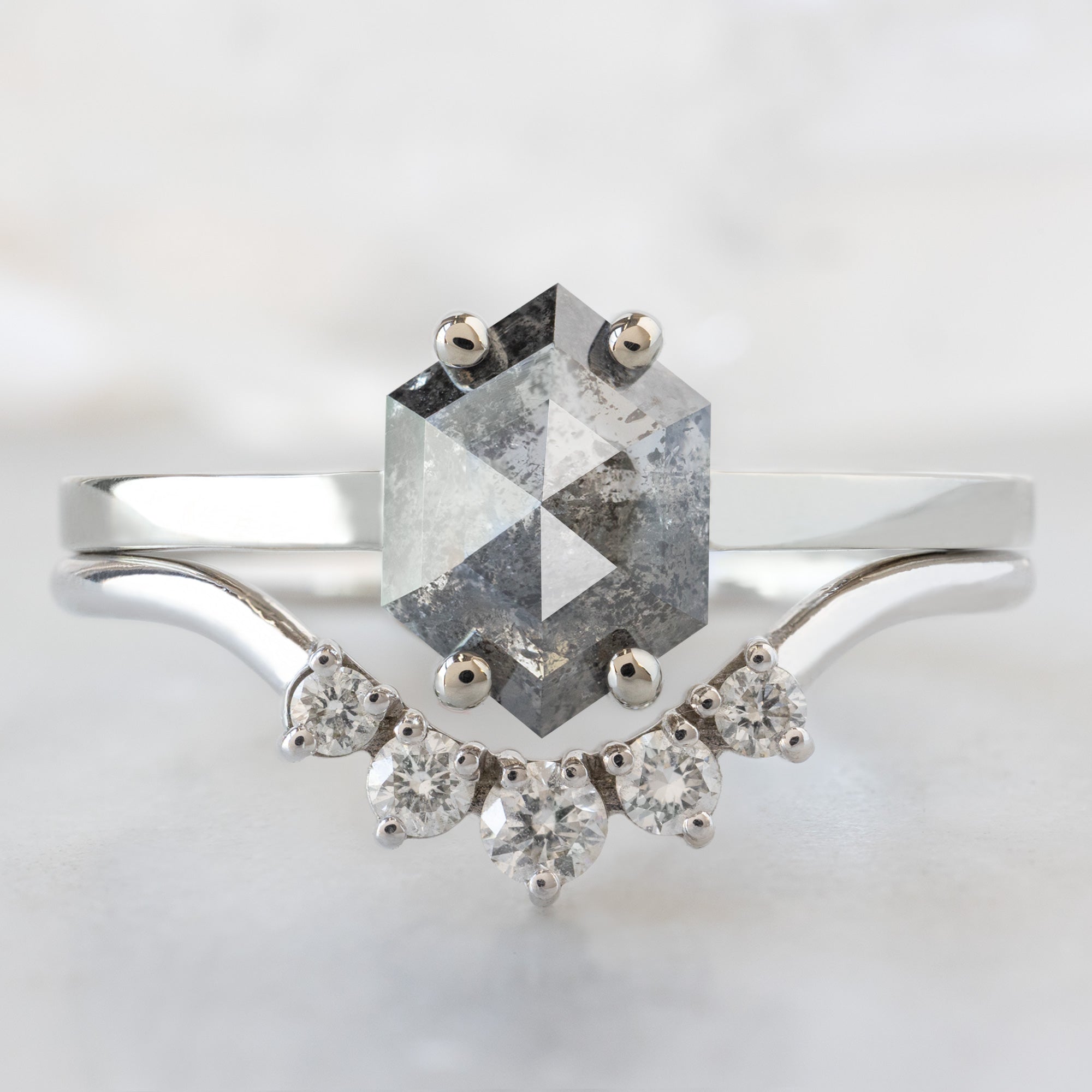 The Bryn Ring with a 1.37ct Hexagon Salt and Pepper Diamond in 14K White Gold Stacked with the Round White Diamond Sunburst Stacking Band