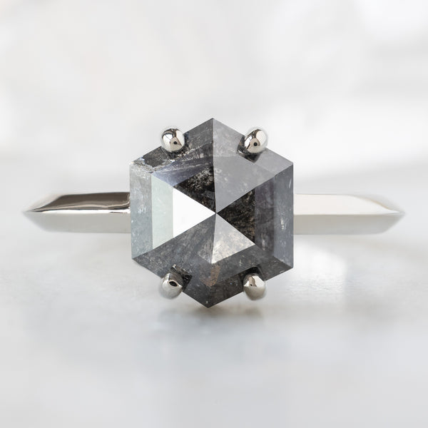 The Bryn Ring with a 1.85ct Hexagon Salt and Pepper Diamond in 14K White Gold on White Marble