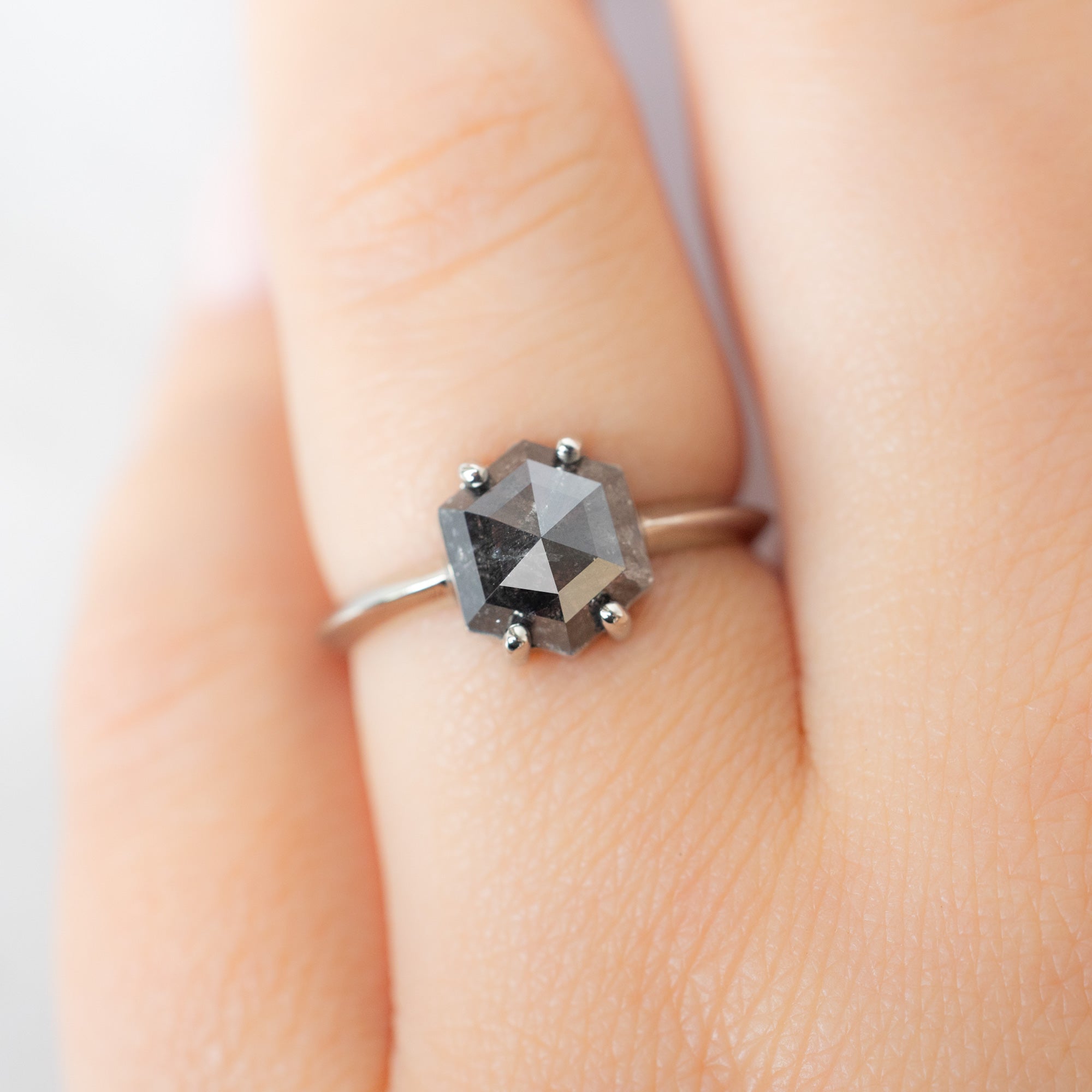 The Bryn Ring with a 1.85ct Hexagon Salt and Pepper Diamond in 14K White Gold on Model