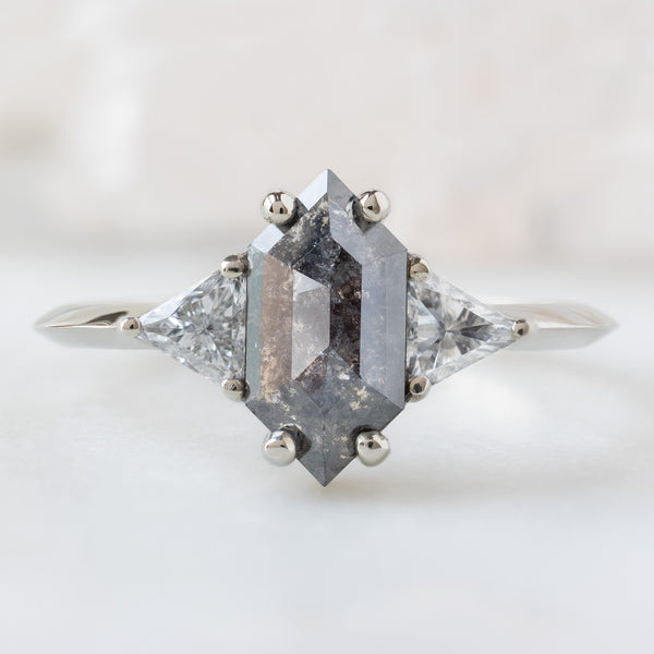 The Jade Ring with a 1.02ct Hexagon Black Diamond in 14K White Gold on White Marble