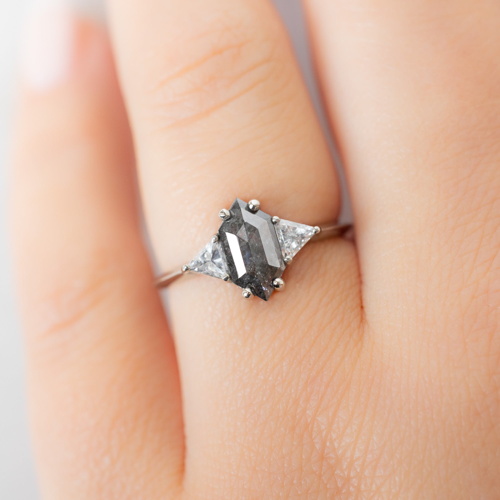 The Jade Ring with a 1.02ct Hexagon Black Diamond in 14K White Gold on Model