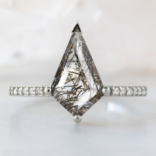 The Willow Ring with a 1.15ct Kite Tourmaline in Quartz in 14K White Gold on White Marble Surface
